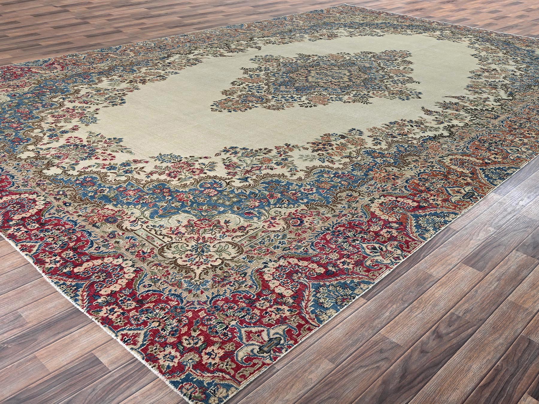 10'2"x15'10" Chiffon White, Vintage Persian Kerman with Open Field Medallion Design, Sheared Low, Distressed, Distinct Abrash, Sides and Ends Professionally Secured, Hand Knotted, 100% Wool, XL, Oversized, Oriental Rug HR2557 - Image 3