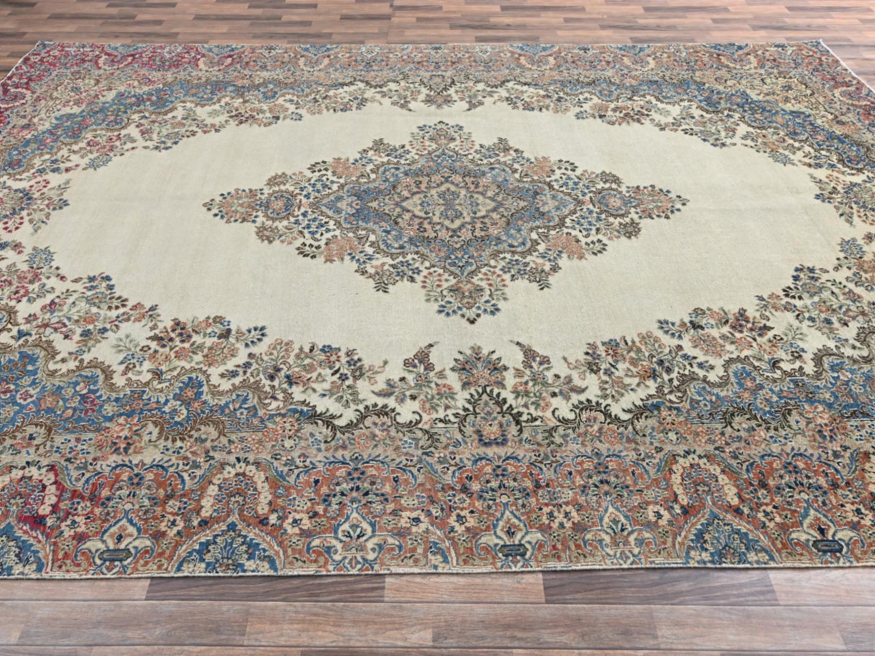 10'2"x15'10" Chiffon White, Vintage Persian Kerman with Open Field Medallion Design, Sheared Low, Distressed, Distinct Abrash, Sides and Ends Professionally Secured, Hand Knotted, 100% Wool, XL, Oversized, Oriental Rug HR2557 - Image 4