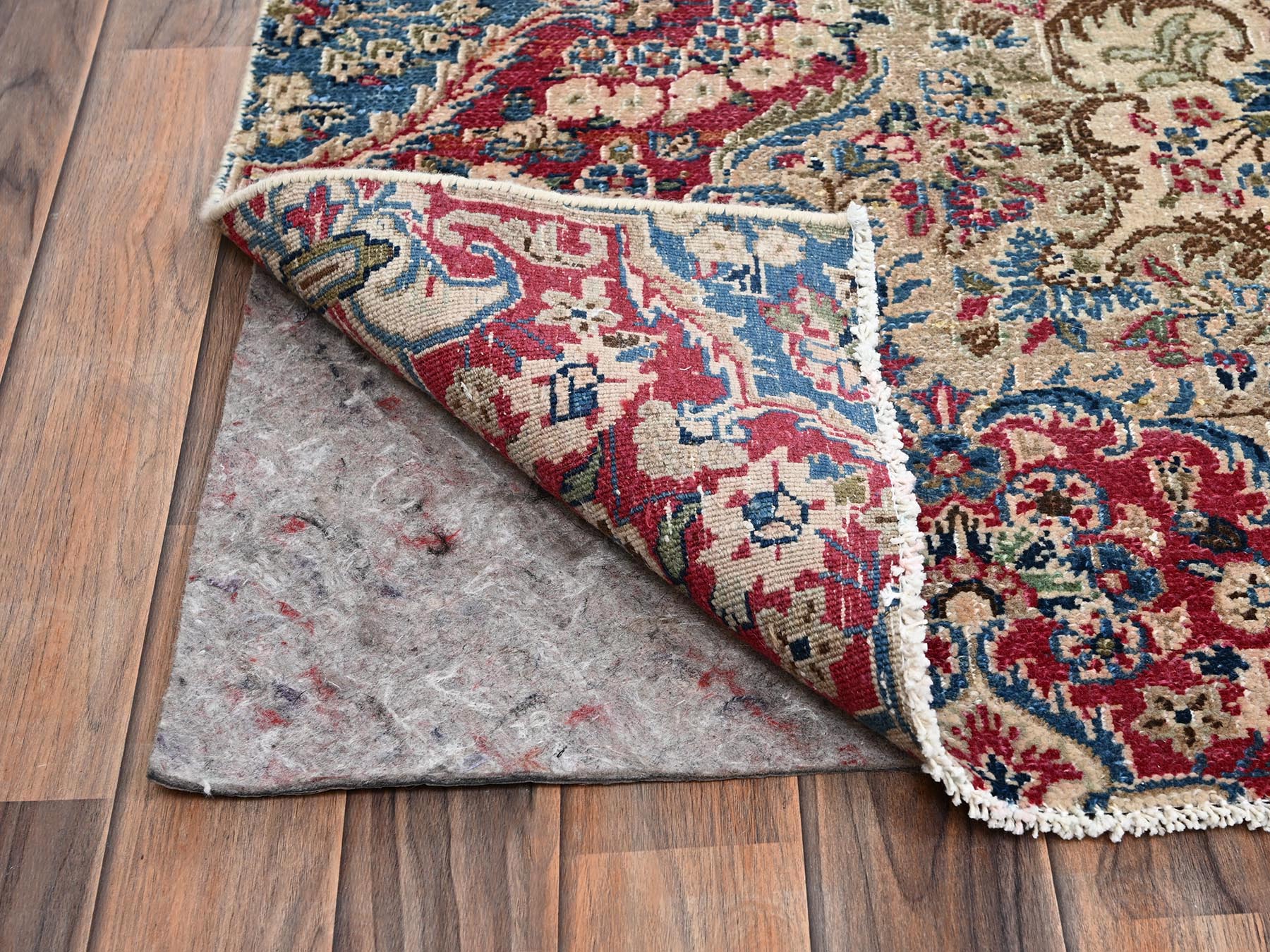 10'2"x15'10" Chiffon White, Vintage Persian Kerman with Open Field Medallion Design, Sheared Low, Distressed, Distinct Abrash, Sides and Ends Professionally Secured, Hand Knotted, 100% Wool, XL, Oversized, Oriental Rug HR2557 - Image 5