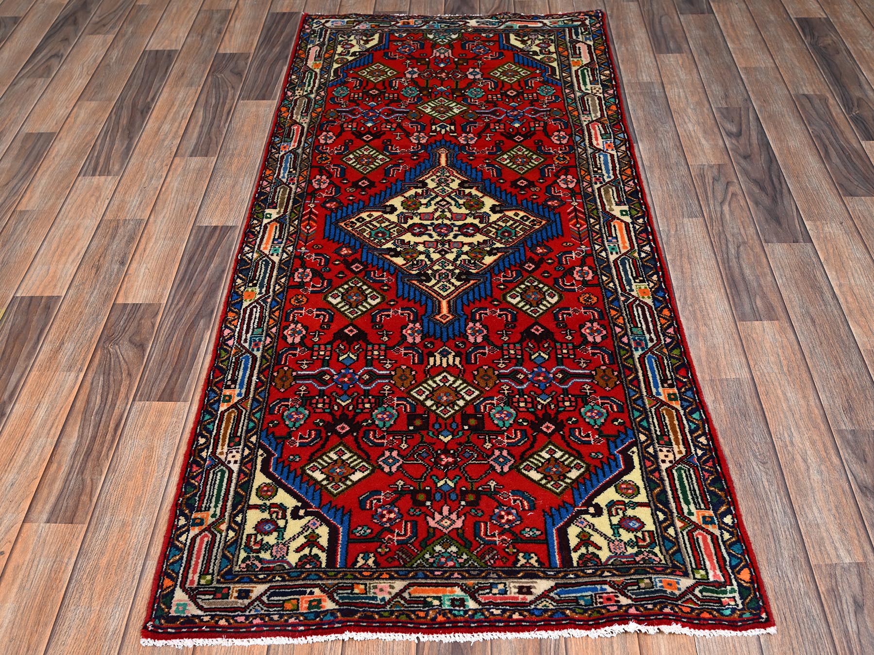 2'8"x6' Crimson Red, New Persian Hamadan with Geometric Medallion, Full Pile, Hand Knotted, 100% Wool, Runner, Oriental Rug HR2587 - Image 2