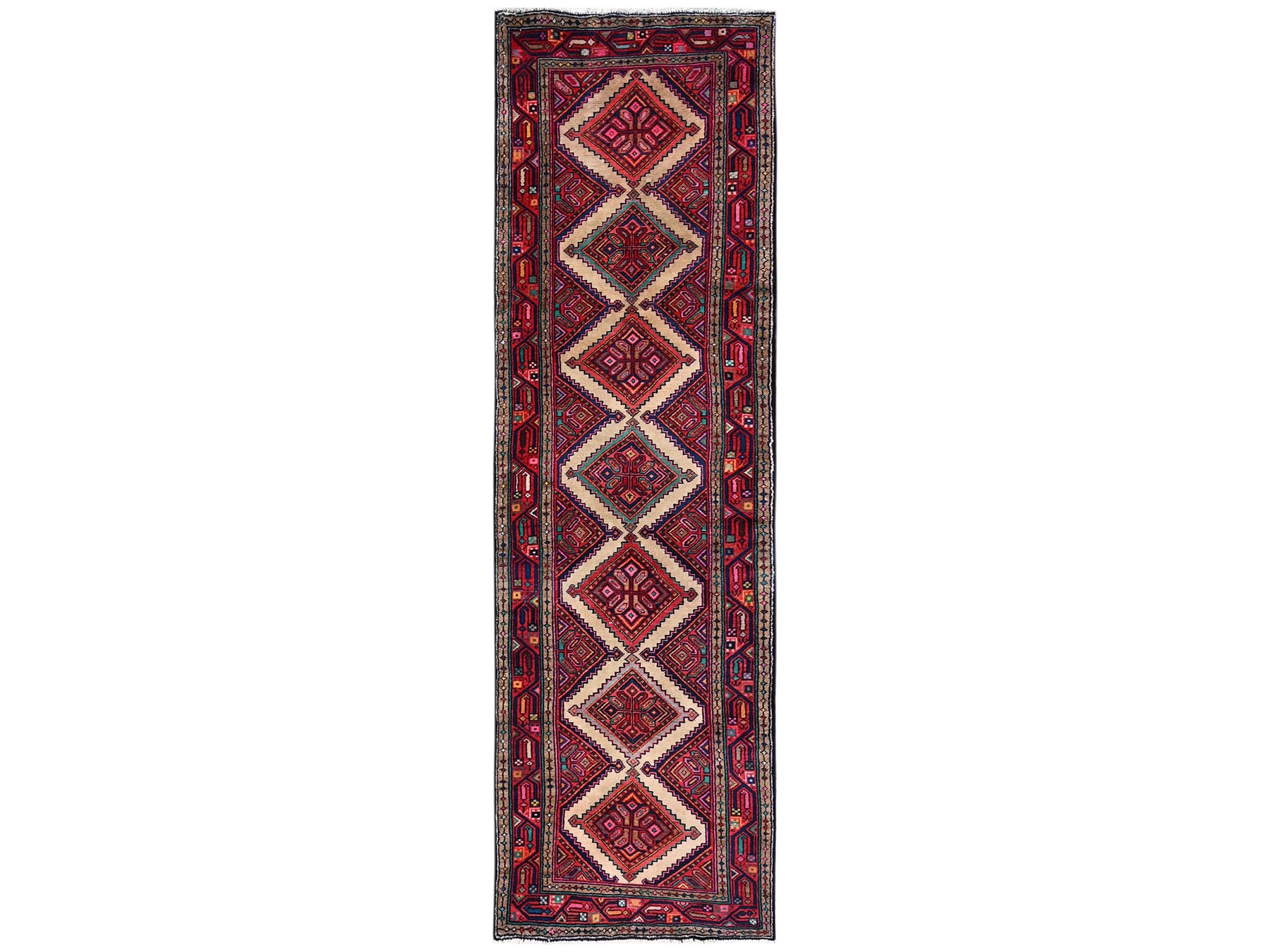 2'8"x9'1" Crimson Red, New Persian Hamadan with Serrated Medallions, Hand Knotted, Full Pile, Soft and Shiny Wool, Runner, Oriental Rug HR2592