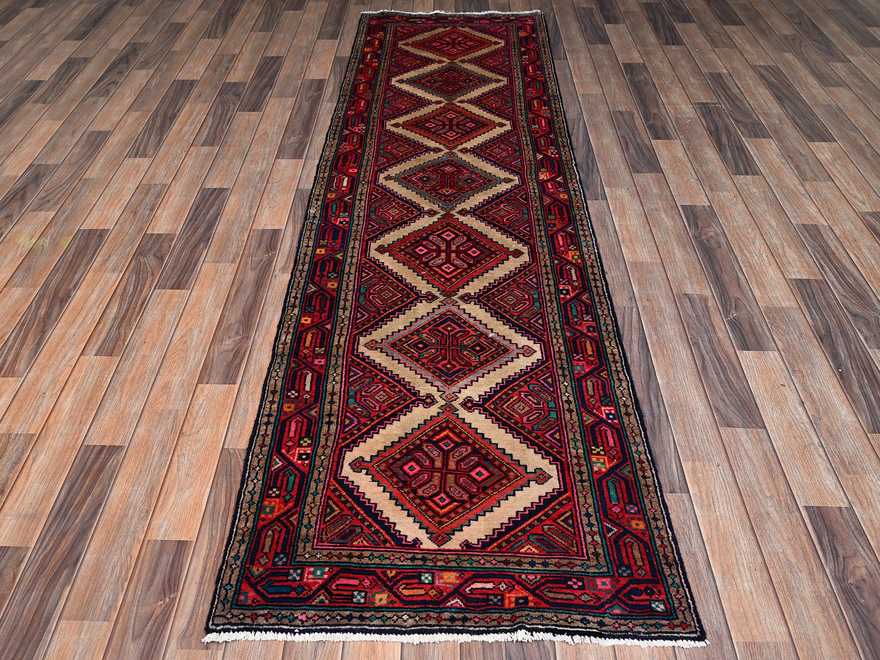 2'8"x9'1" Crimson Red, New Persian Hamadan with Serrated Medallions, Hand Knotted, Full Pile, Soft and Shiny Wool, Runner, Oriental Rug HR2592 - Image 2