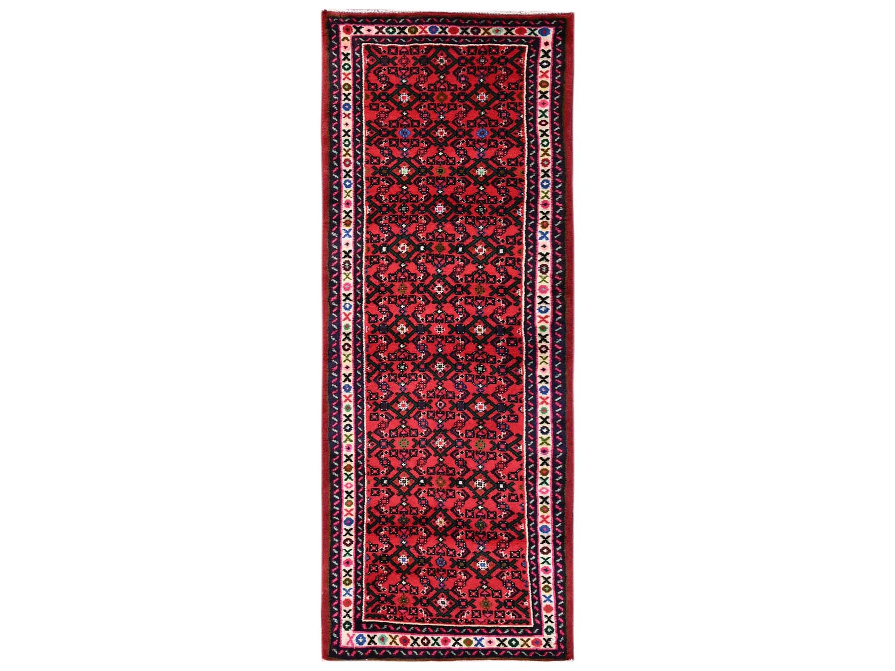 2'3"x6'3" Crimson Red, New Persian Hussainabad with All Over Design, Hand Knotted, Full Pile, Soft and Shiny Wool, Narrow Runner, Oriental Rug HR2597