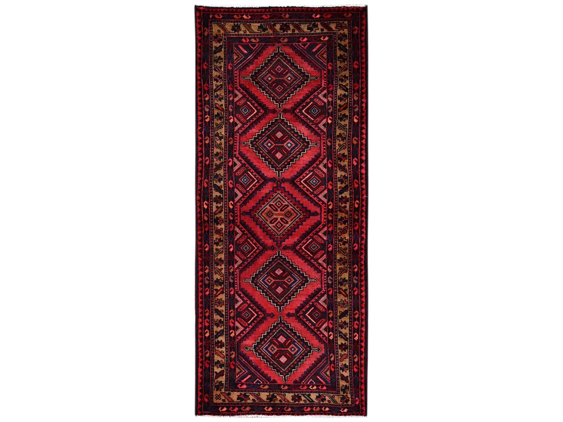 2'10"x7' Crimson Red, New Persian Hamadan with Serrated Medallions, Hand Knotted, Full Pile, Soft and Shiny Wool, Runner, Oriental Rug HR2599