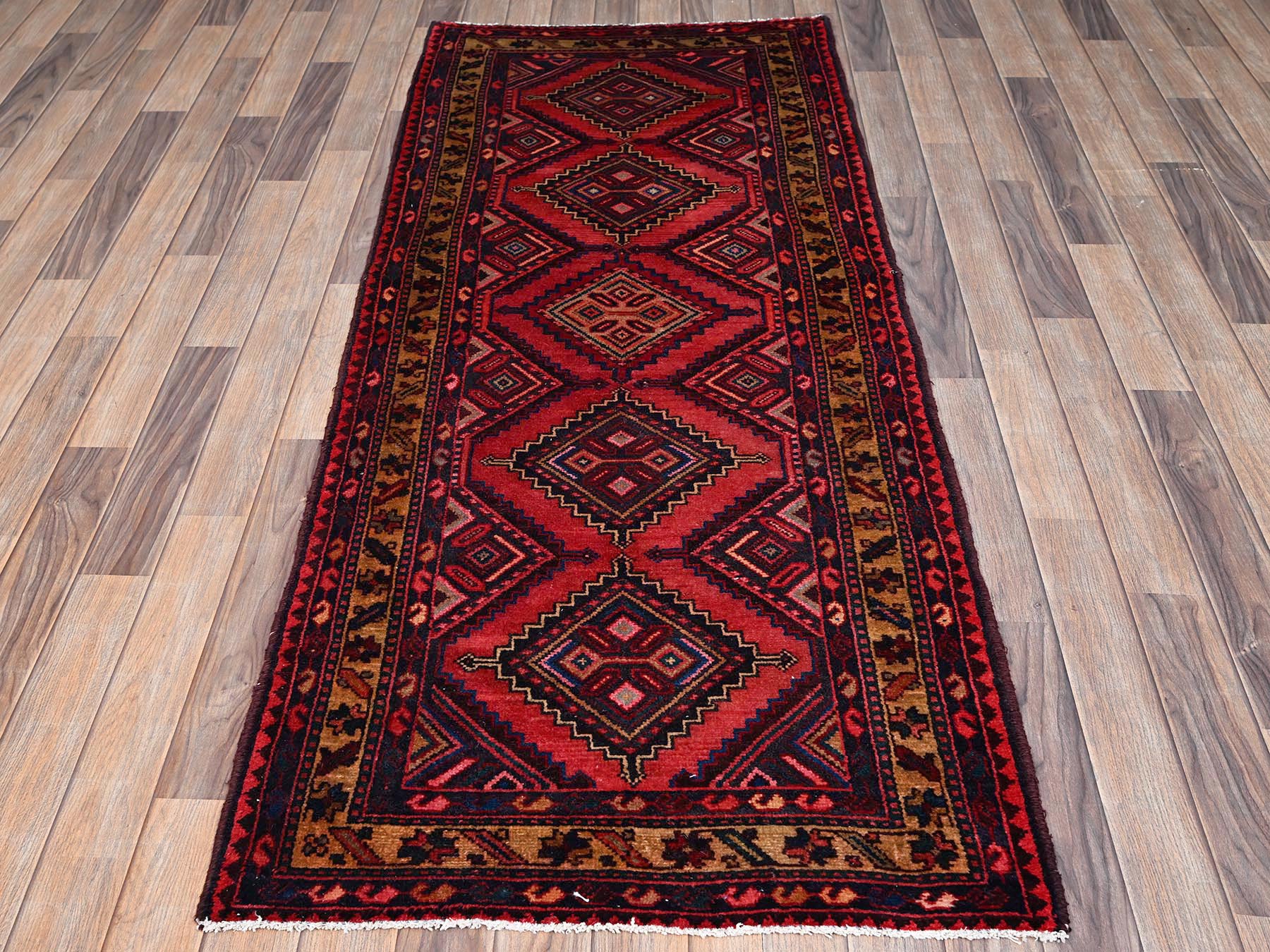 2'10"x7' Crimson Red, New Persian Hamadan with Serrated Medallions, Hand Knotted, Full Pile, Soft and Shiny Wool, Runner, Oriental Rug HR2599 - Image 2