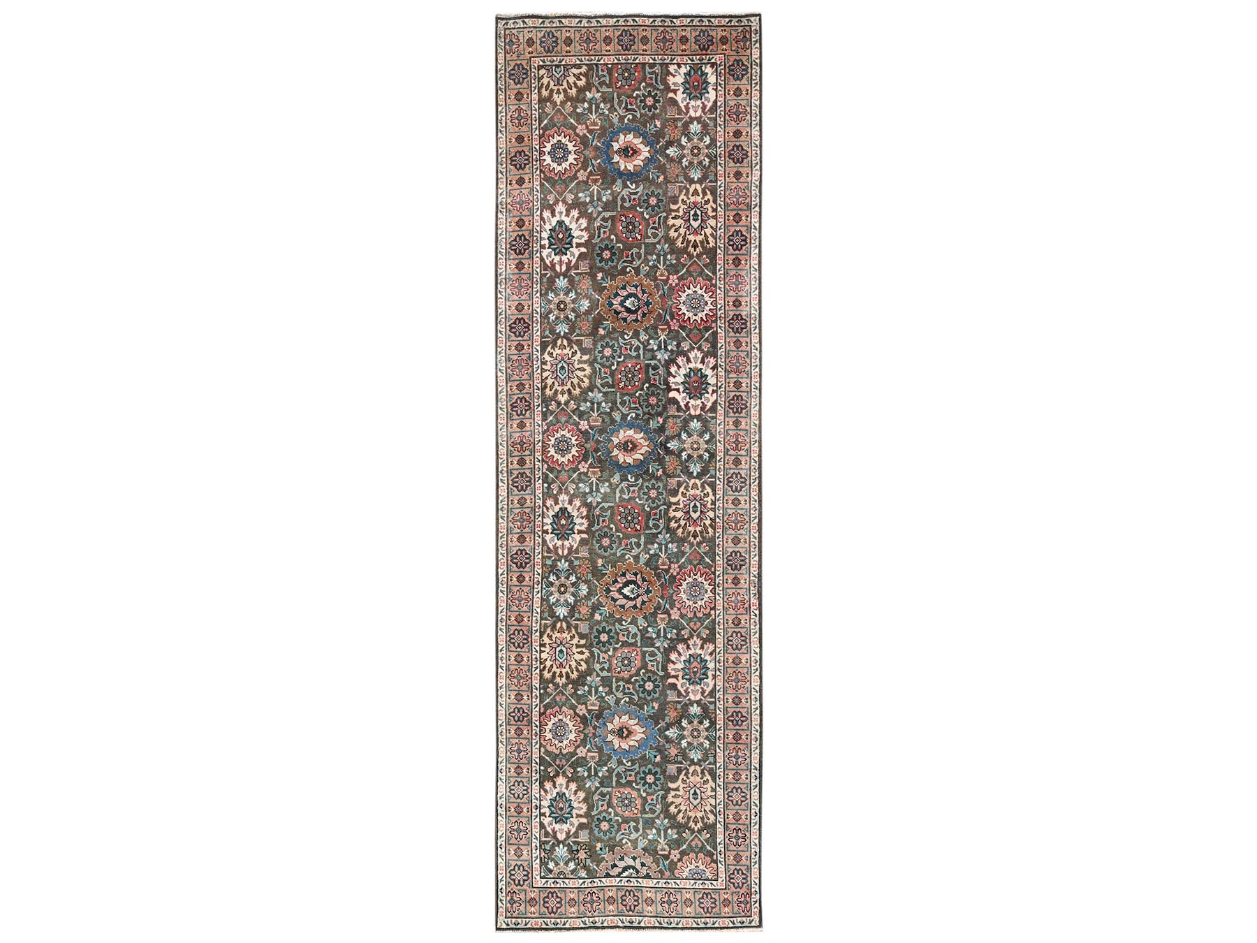 3'3"x11'6" Sage Green, Vintage Persian Tabriz with All Over Design, Sheared Low and Distressed, 100% Wool, Hand Knotted, Zero Pile, Sides and Ends Professionally Secured, Runner, Oriental Rug HR2610