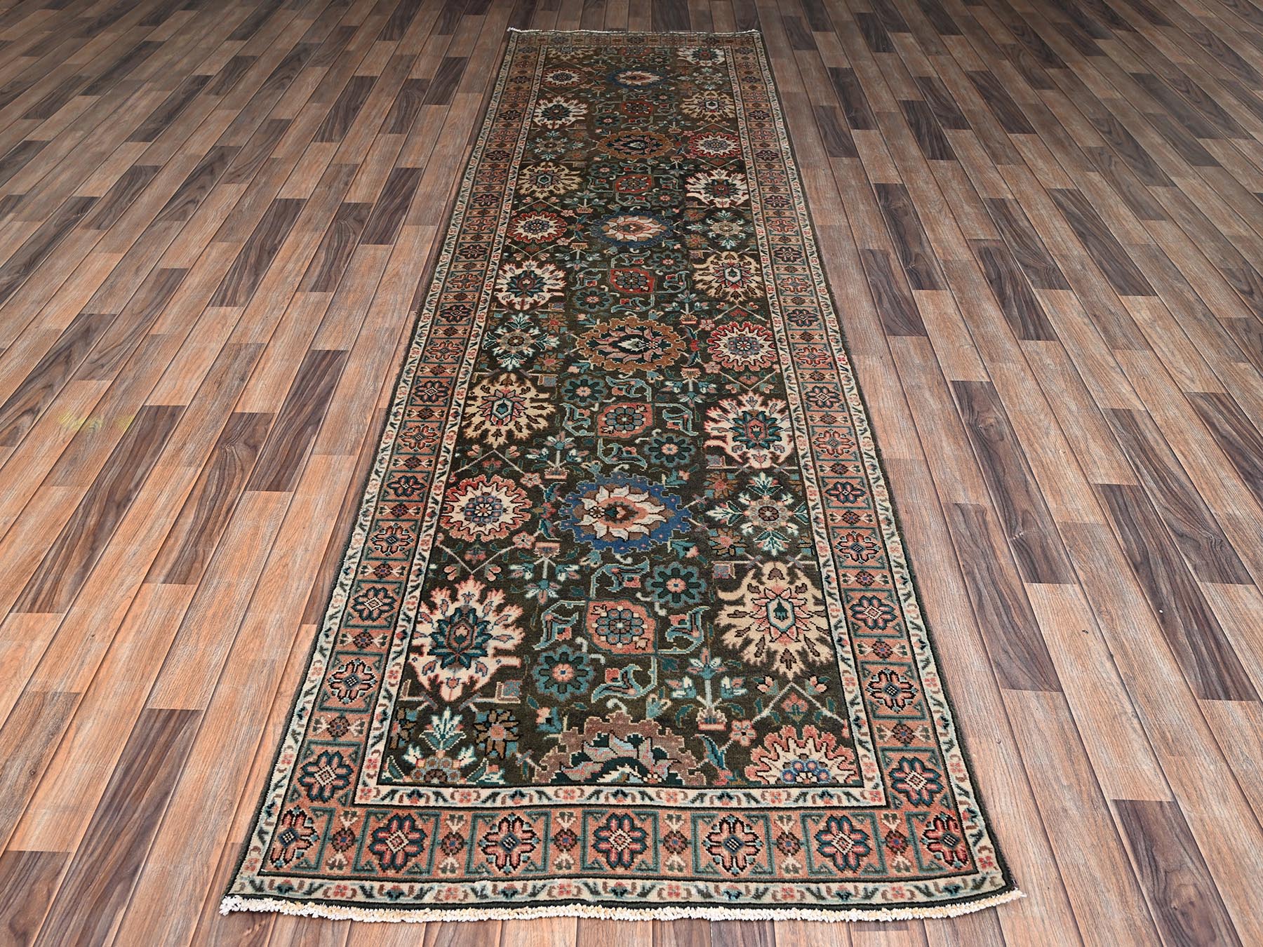 3'3"x11'6" Sage Green, Vintage Persian Tabriz with All Over Design, Sheared Low and Distressed, 100% Wool, Hand Knotted, Zero Pile, Sides and Ends Professionally Secured, Runner, Oriental Rug HR2610 - Image 2