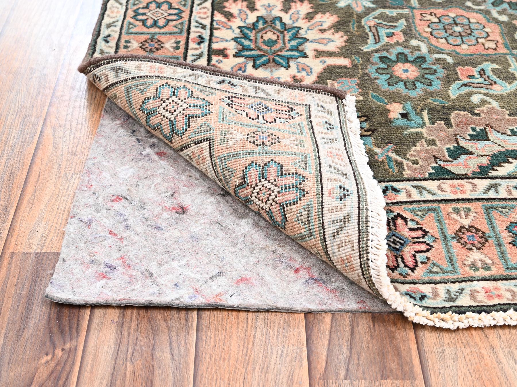 3'3"x11'6" Sage Green, Vintage Persian Tabriz with All Over Design, Sheared Low and Distressed, 100% Wool, Hand Knotted, Zero Pile, Sides and Ends Professionally Secured, Runner, Oriental Rug HR2610 - Image 3