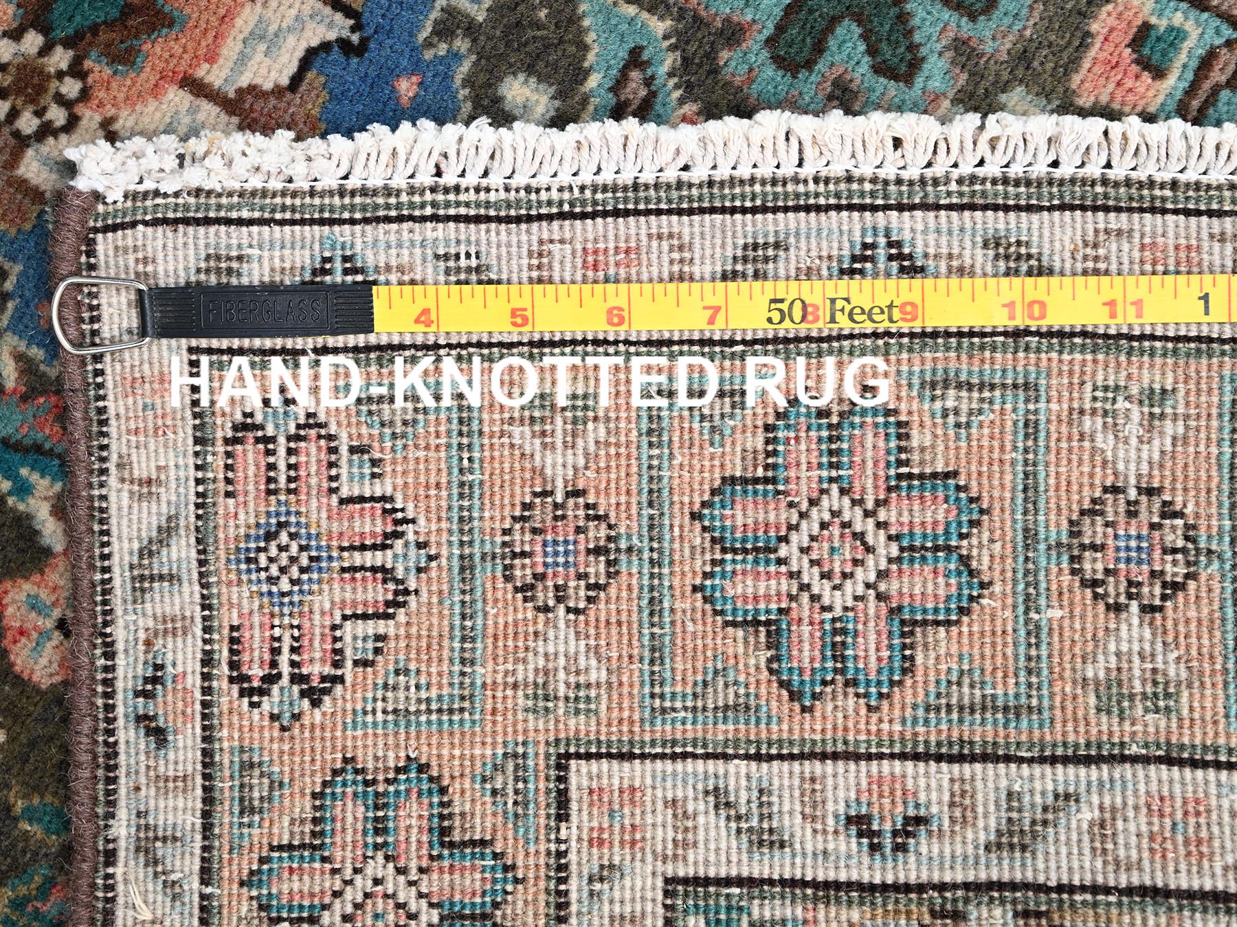 3'3"x11'6" Sage Green, Vintage Persian Tabriz with All Over Design, Sheared Low and Distressed, 100% Wool, Hand Knotted, Zero Pile, Sides and Ends Professionally Secured, Runner, Oriental Rug HR2610 - Image 7