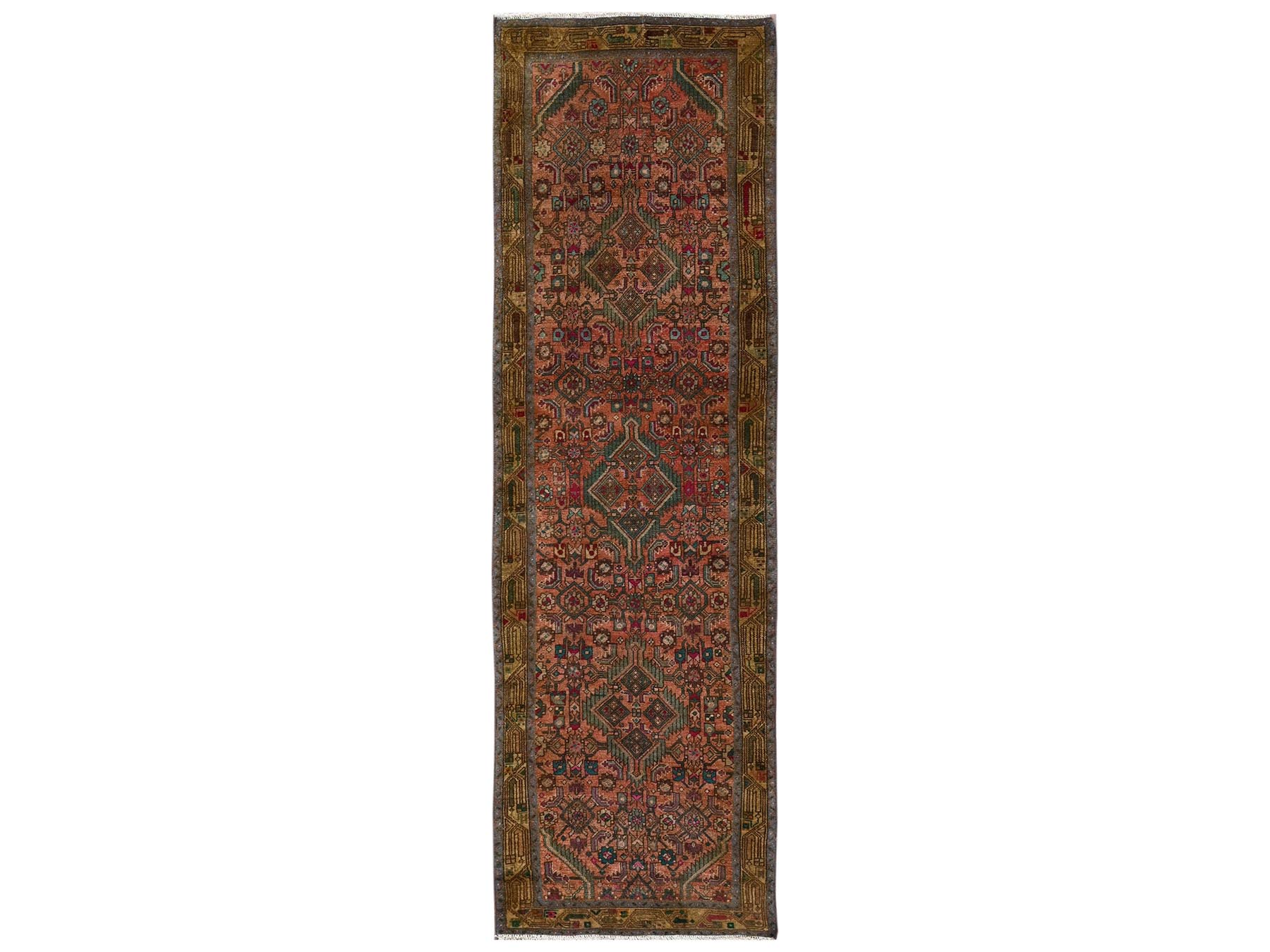 2'9"x9'4" Cinnamon Brown, Vintage Persian Hamadan with All Over Design, Worn Down and Distressed, 100% Wool, Hand Knotted, Zero Pile, Sides and Ends Professionally Secured, Runner, Oriental Rug HR2613