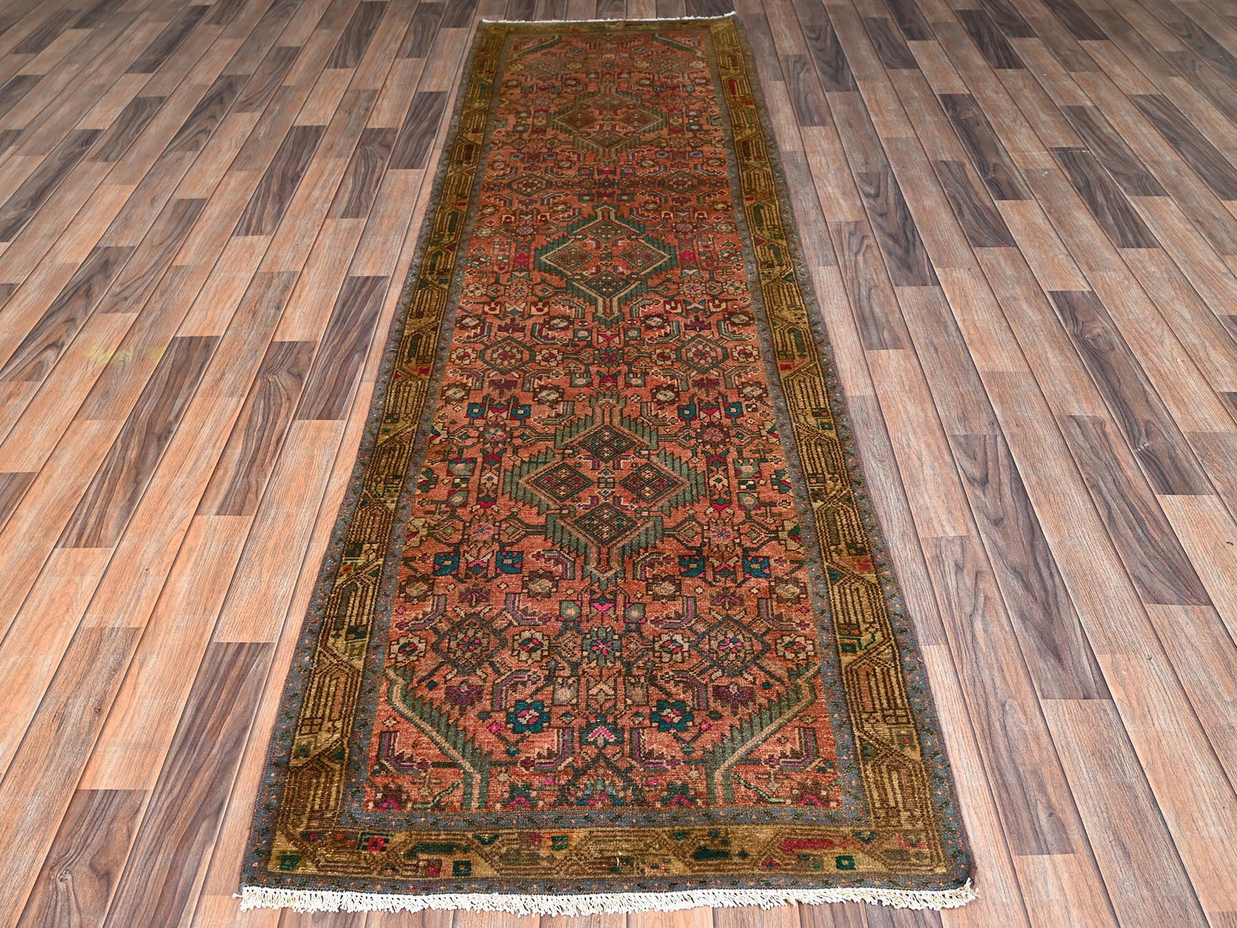 2'9"x9'4" Cinnamon Brown, Vintage Persian Hamadan with All Over Design, Worn Down and Distressed, 100% Wool, Hand Knotted, Zero Pile, Sides and Ends Professionally Secured, Runner, Oriental Rug HR2613 - Image 2
