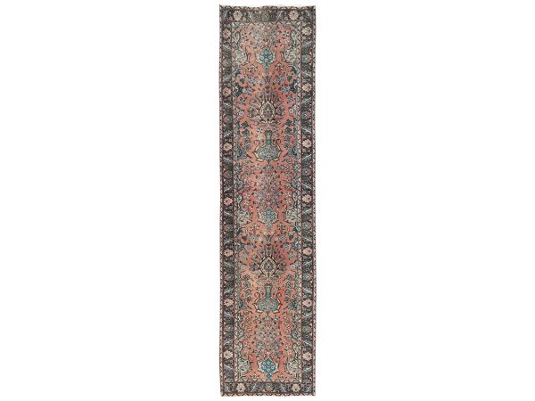2'9"x12'2" Salmon Pink, Vintage Persian Tabriz with All Over Design, Sheared Low and Distressed, 100% Wool, Hand Knotted, Zero Pile, Sides and Ends Professionally Secured, Runner, Oriental Rug HR2614