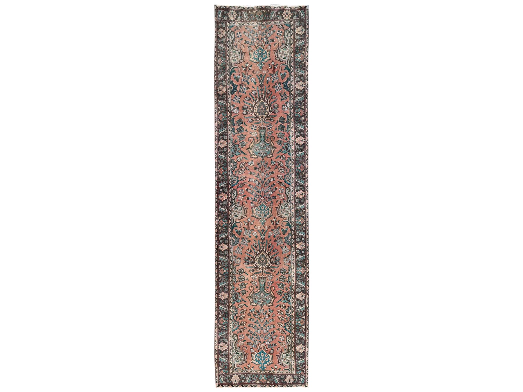 2'9"x12'2" Salmon Pink, Vintage Persian Tabriz with All Over Design, Sheared Low and Distressed, 100% Wool, Hand Knotted, Zero Pile, Sides and Ends Professionally Secured, Runner, Oriental Rug HR2614