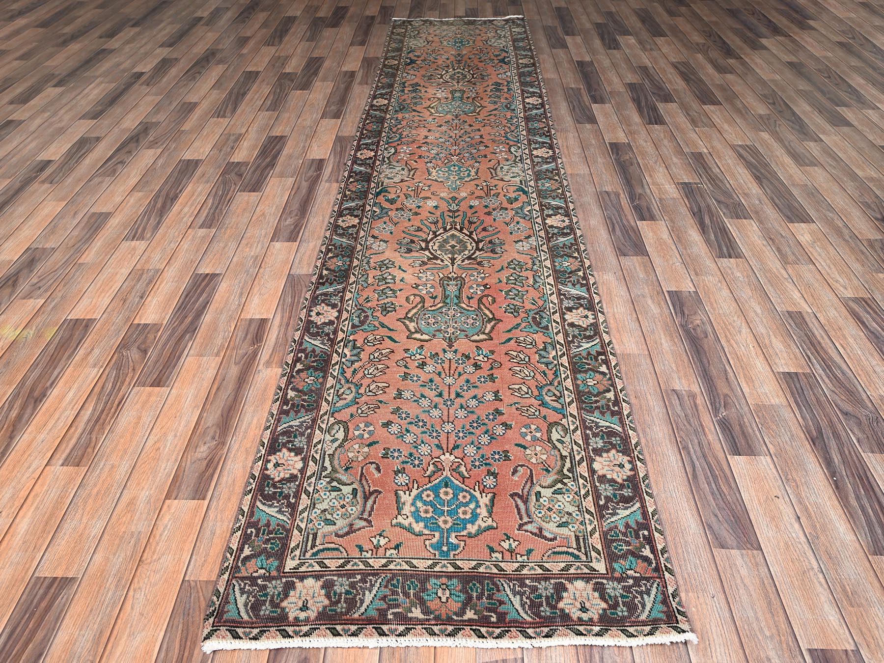 2'9"x12'2" Salmon Pink, Vintage Persian Tabriz with All Over Design, Sheared Low and Distressed, 100% Wool, Hand Knotted, Zero Pile, Sides and Ends Professionally Secured, Runner, Oriental Rug HR2614 - Image 2