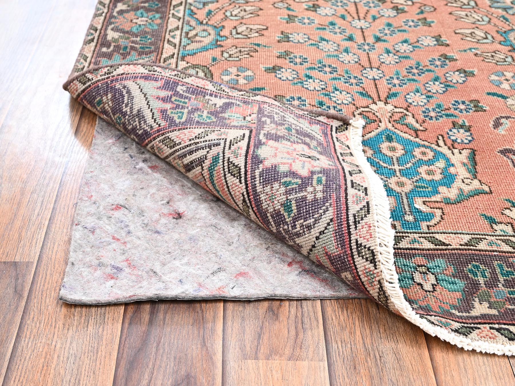 2'9"x12'2" Salmon Pink, Vintage Persian Tabriz with All Over Design, Sheared Low and Distressed, 100% Wool, Hand Knotted, Zero Pile, Sides and Ends Professionally Secured, Runner, Oriental Rug HR2614 - Image 3