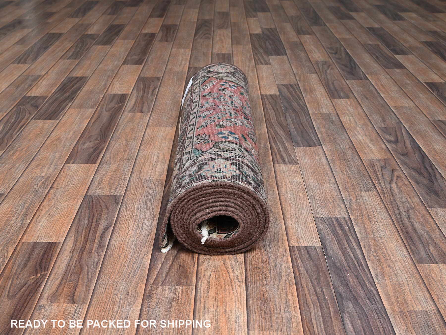 2'9"x12'2" Salmon Pink, Vintage Persian Tabriz with All Over Design, Sheared Low and Distressed, 100% Wool, Hand Knotted, Zero Pile, Sides and Ends Professionally Secured, Runner, Oriental Rug HR2614 - Image 5