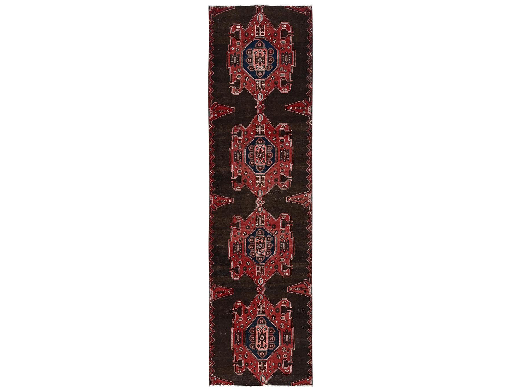 3'x11'6" Chocolate Brown, Vintage Persian Hamadan with Large Medallions, Worn Down and Distressed, 100% Wool, Hand Knotted, Zero Pile, Sides and Ends Professionally Secured, Runner, Oriental Rug HR2624