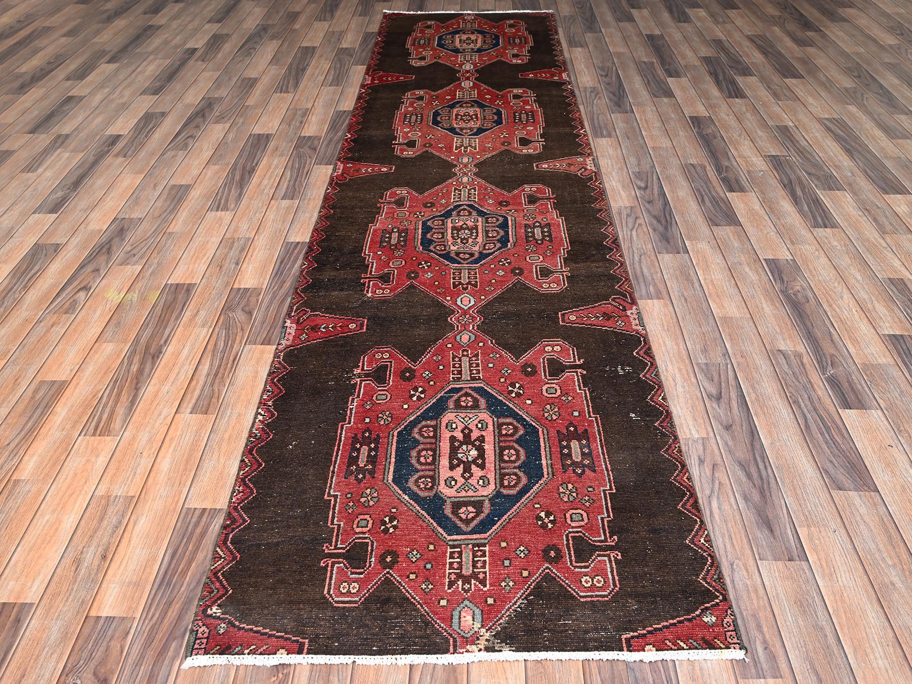3'x11'6" Chocolate Brown, Vintage Persian Hamadan with Large Medallions, Worn Down and Distressed, 100% Wool, Hand Knotted, Zero Pile, Sides and Ends Professionally Secured, Runner, Oriental Rug HR2624 - Image 2