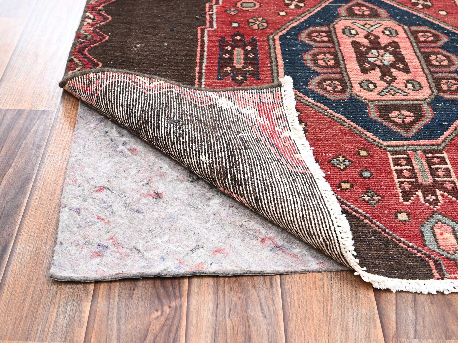 3'x11'6" Chocolate Brown, Vintage Persian Hamadan with Large Medallions, Worn Down and Distressed, 100% Wool, Hand Knotted, Zero Pile, Sides and Ends Professionally Secured, Runner, Oriental Rug HR2624 - Image 3