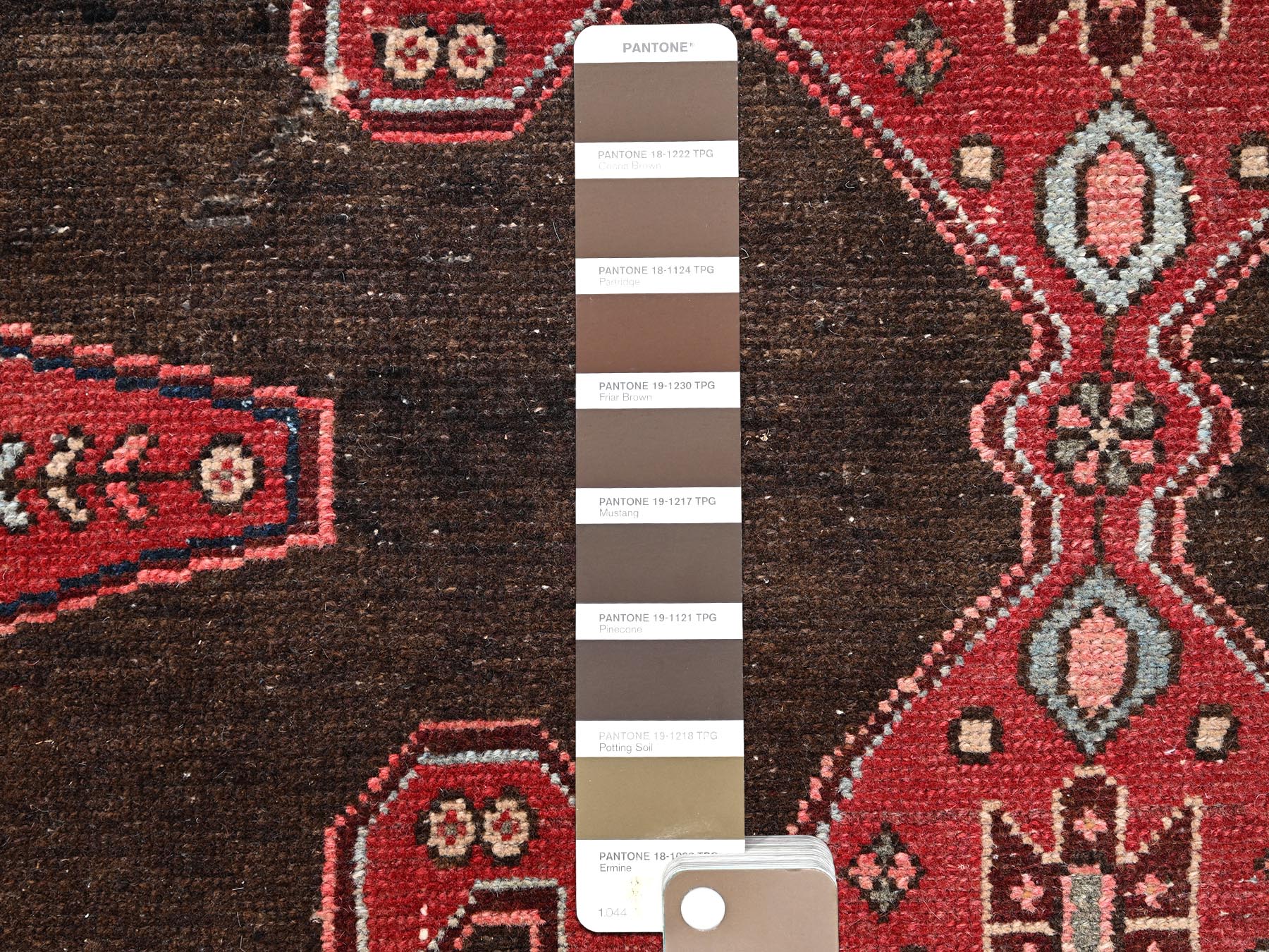 3'x11'6" Chocolate Brown, Vintage Persian Hamadan with Large Medallions, Worn Down and Distressed, 100% Wool, Hand Knotted, Zero Pile, Sides and Ends Professionally Secured, Runner, Oriental Rug HR2624 - Image 4