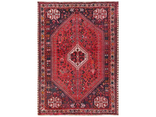 7'x9'7" Crimson Red, Vintage Persian Shiraz with Geometric Design, Sheared Low and Distressed, 100% Wool, Hand Knotted, Zero Pile, Sides and Ends Professionally Secured, Oriental Rug HR2642