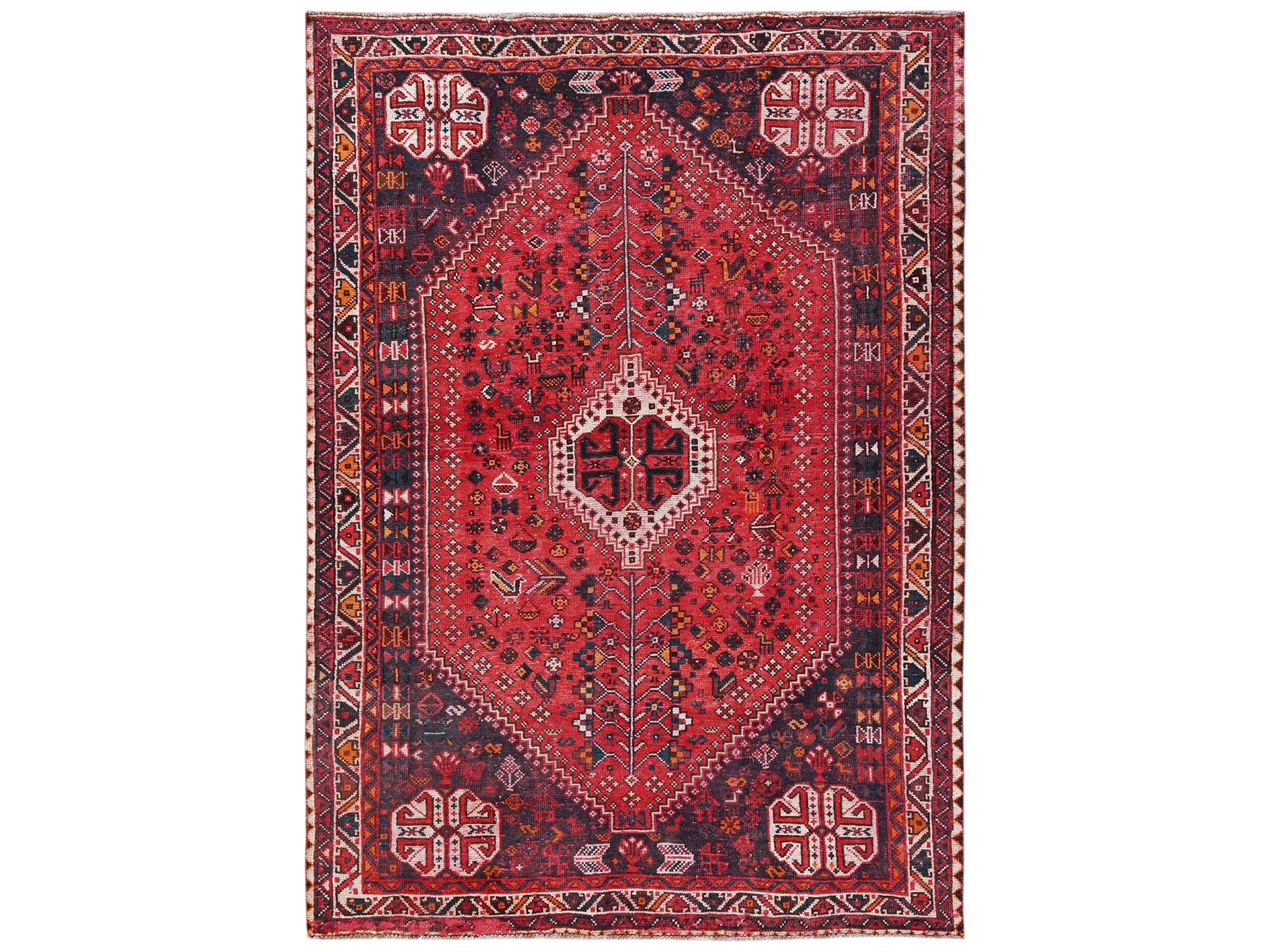 7'x9'7" Crimson Red, Vintage Persian Shiraz with Geometric Design, Sheared Low and Distressed, 100% Wool, Hand Knotted, Zero Pile, Sides and Ends Professionally Secured, Oriental Rug HR2642