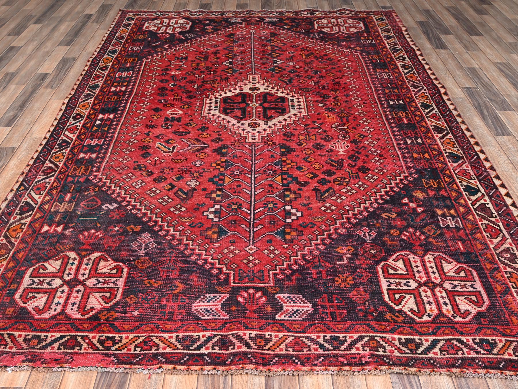 7'x9'7" Crimson Red, Vintage Persian Shiraz with Geometric Design, Sheared Low and Distressed, 100% Wool, Hand Knotted, Zero Pile, Sides and Ends Professionally Secured, Oriental Rug HR2642 - Image 2
