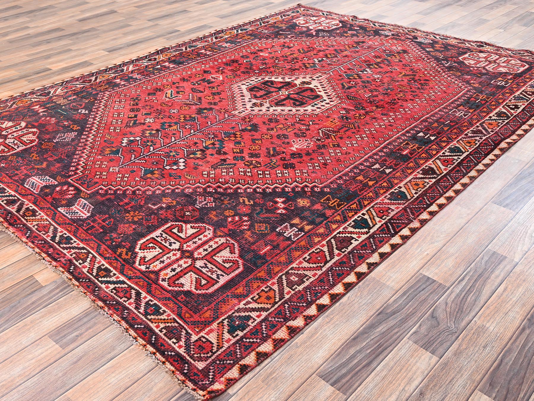 7'x9'7" Crimson Red, Vintage Persian Shiraz with Geometric Design, Sheared Low and Distressed, 100% Wool, Hand Knotted, Zero Pile, Sides and Ends Professionally Secured, Oriental Rug HR2642 - Image 3