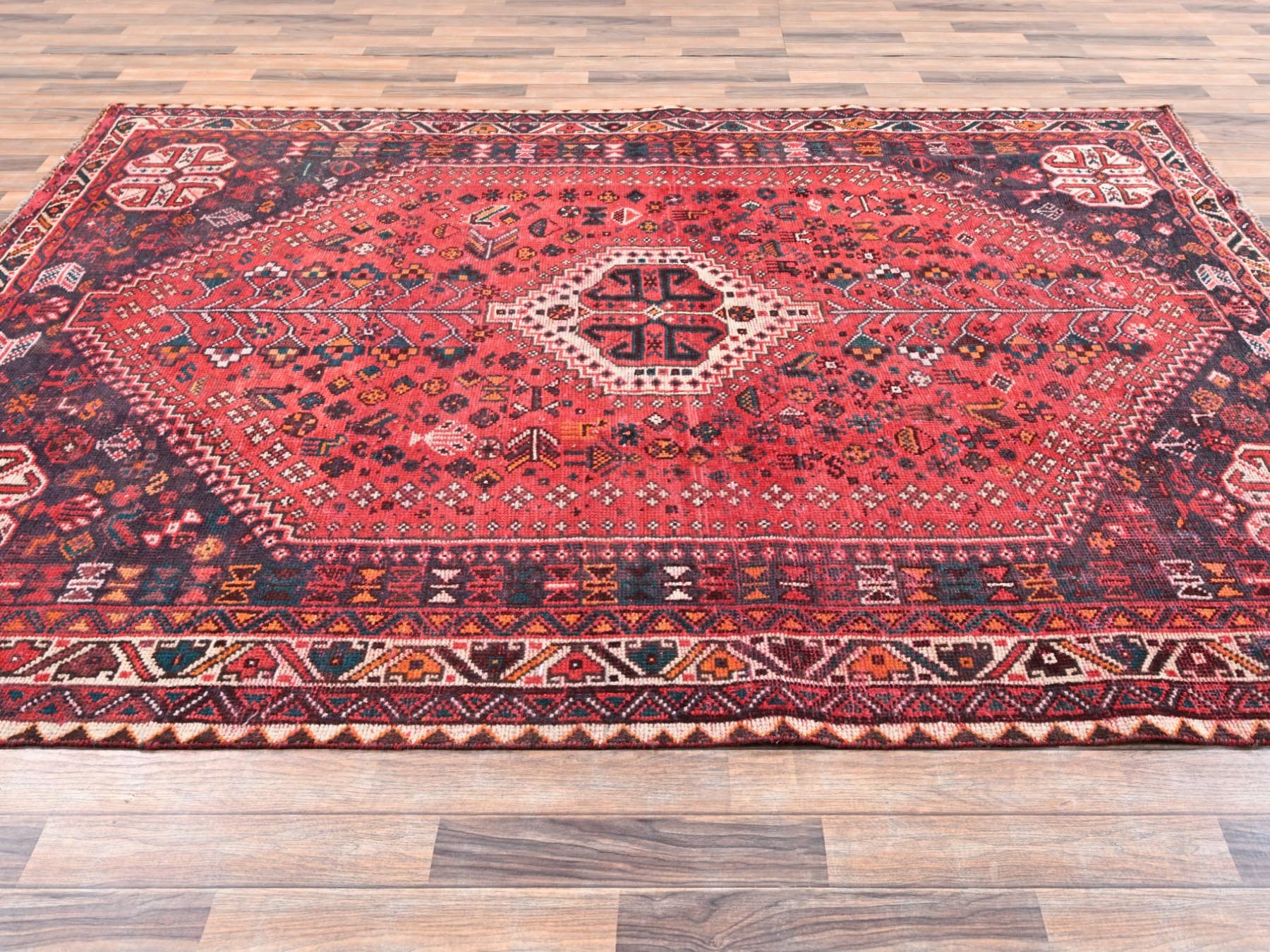 7'x9'7" Crimson Red, Vintage Persian Shiraz with Geometric Design, Sheared Low and Distressed, 100% Wool, Hand Knotted, Zero Pile, Sides and Ends Professionally Secured, Oriental Rug HR2642 - Image 4
