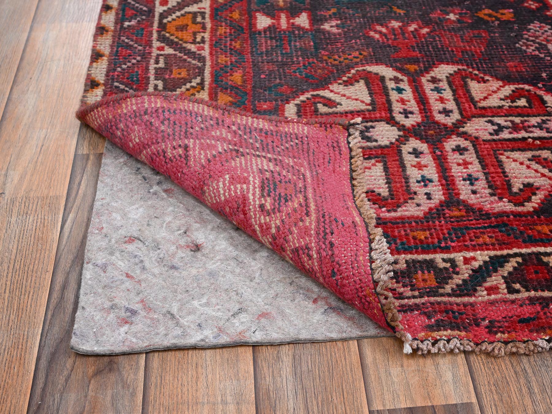 7'x9'7" Crimson Red, Vintage Persian Shiraz with Geometric Design, Sheared Low and Distressed, 100% Wool, Hand Knotted, Zero Pile, Sides and Ends Professionally Secured, Oriental Rug HR2642 - Image 5