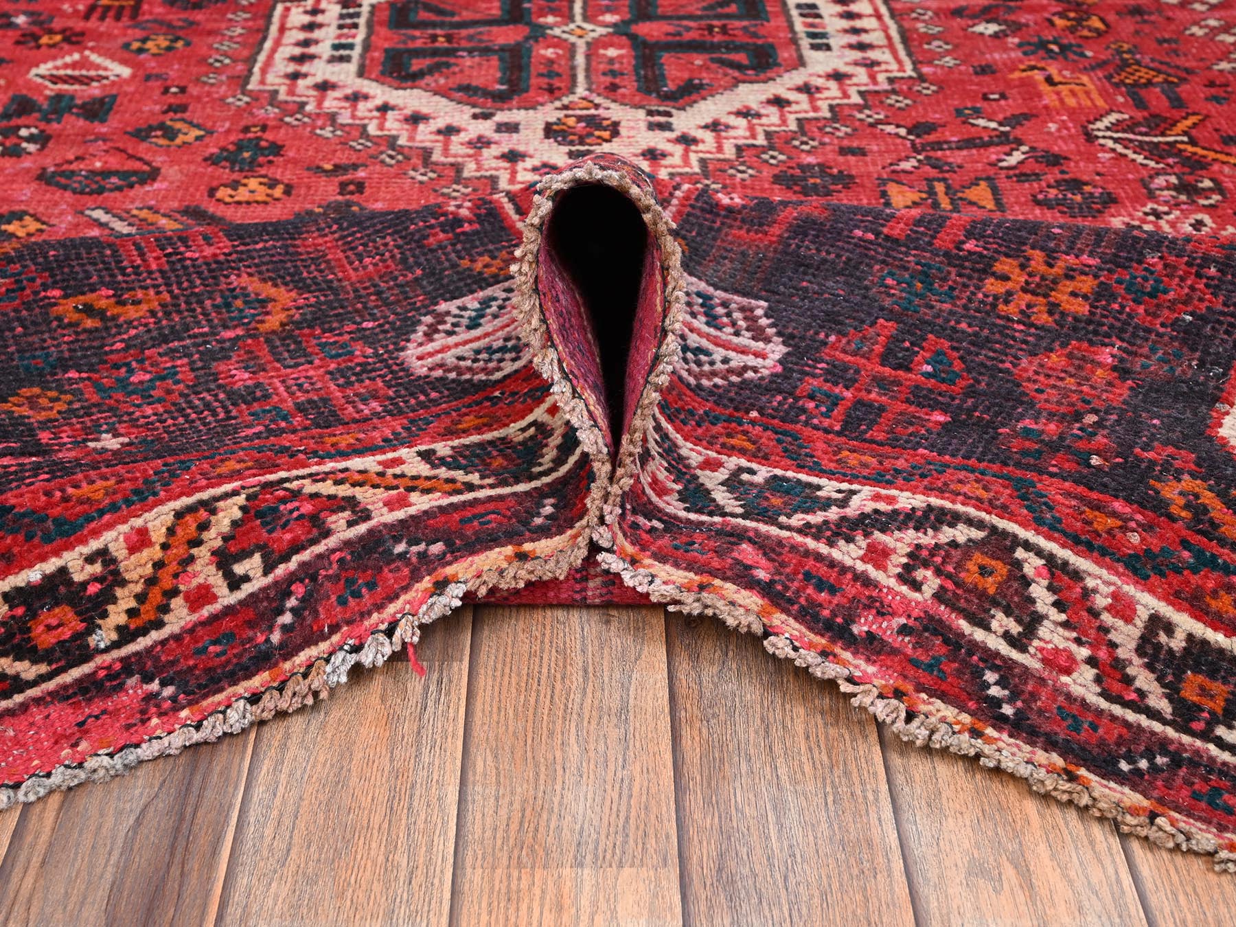 7'x9'7" Crimson Red, Vintage Persian Shiraz with Geometric Design, Sheared Low and Distressed, 100% Wool, Hand Knotted, Zero Pile, Sides and Ends Professionally Secured, Oriental Rug HR2642 - Image 6