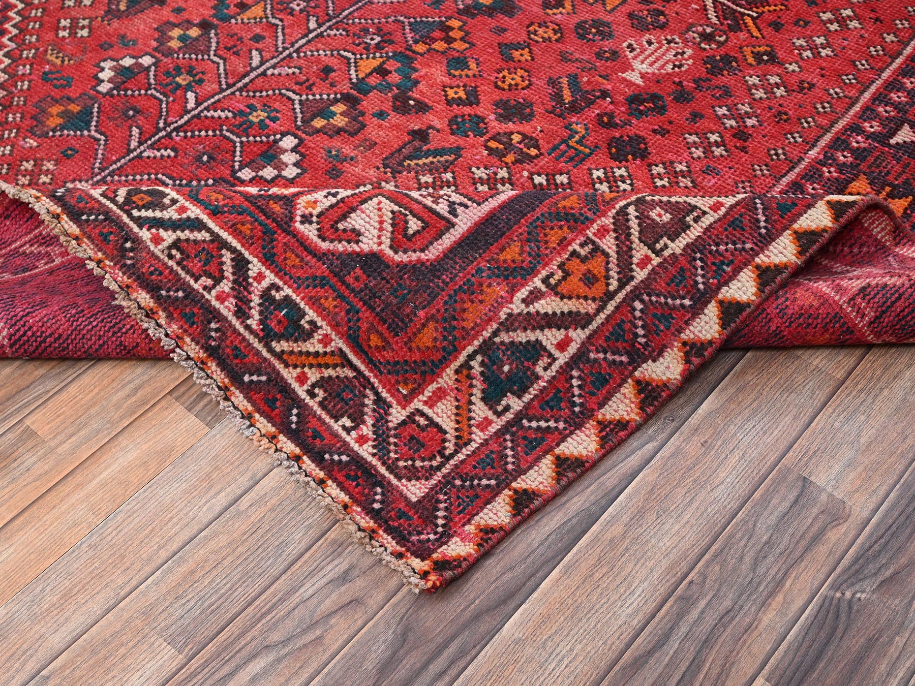 7'x9'7" Crimson Red, Vintage Persian Shiraz with Geometric Design, Sheared Low and Distressed, 100% Wool, Hand Knotted, Zero Pile, Sides and Ends Professionally Secured, Oriental Rug HR2642 - Image 7