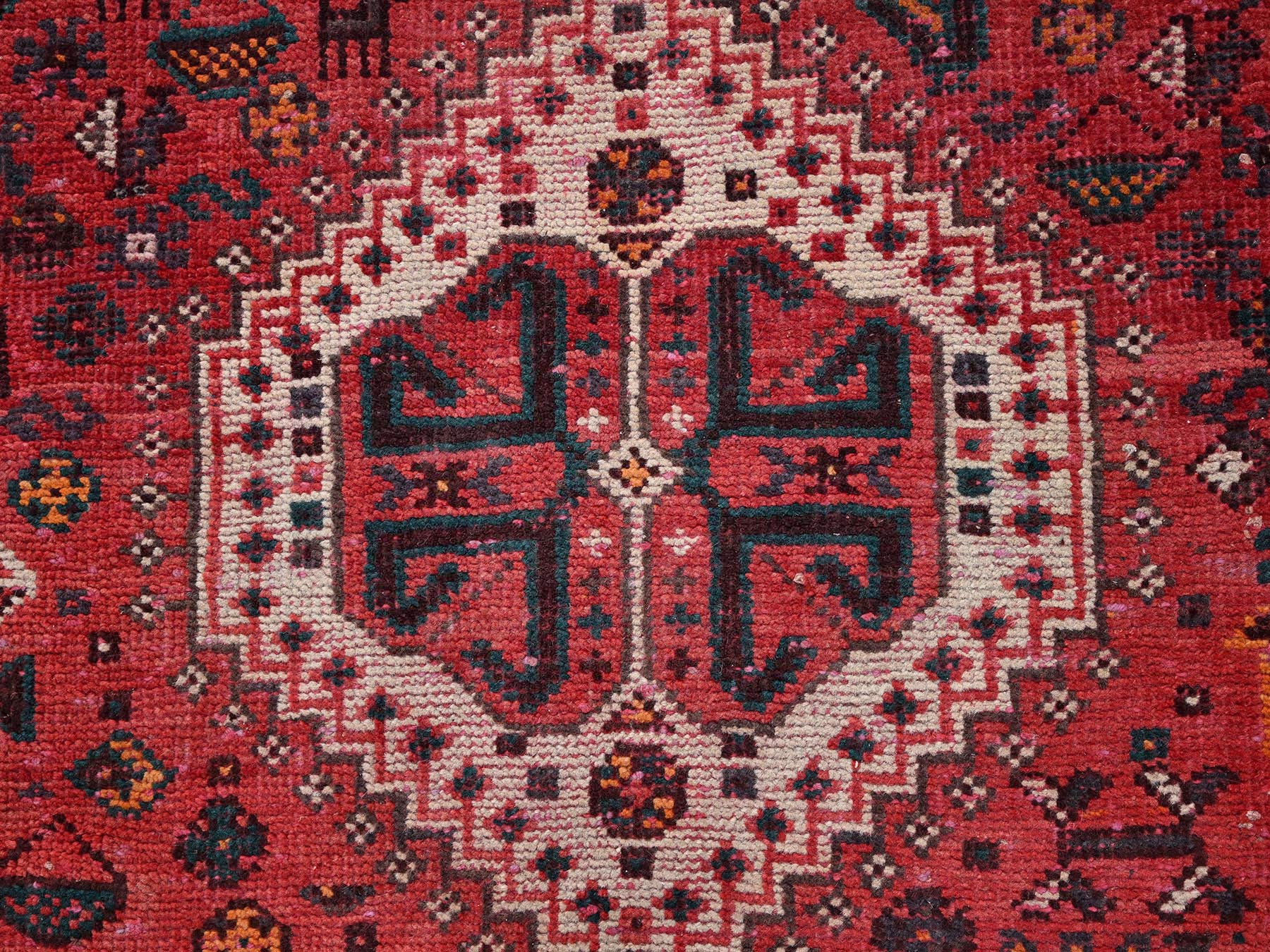 7'x9'7" Crimson Red, Vintage Persian Shiraz with Geometric Design, Sheared Low and Distressed, 100% Wool, Hand Knotted, Zero Pile, Sides and Ends Professionally Secured, Oriental Rug HR2642 - Image 9