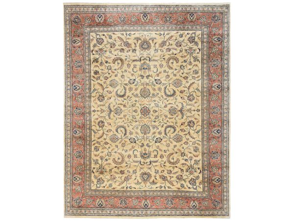 9'x11'5" Beige, New Indo Kashan with All Over Floral Design, 200 KPSI, Thick and Plush, Hand-Knotted, Organic Wool, Fine Oriental Rug HR2742