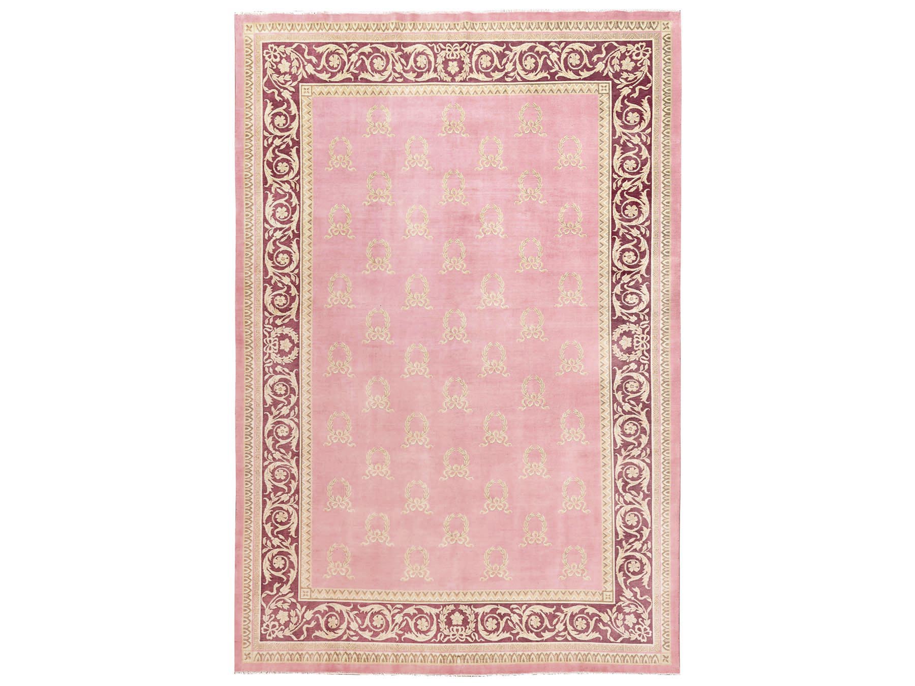 11'7"x16'7" Rose Pink, Vintage European Influence with Wreath Design, Hand Knotted, 100% Wool, XL, Oversized, Fine Oriental Rug HR2748