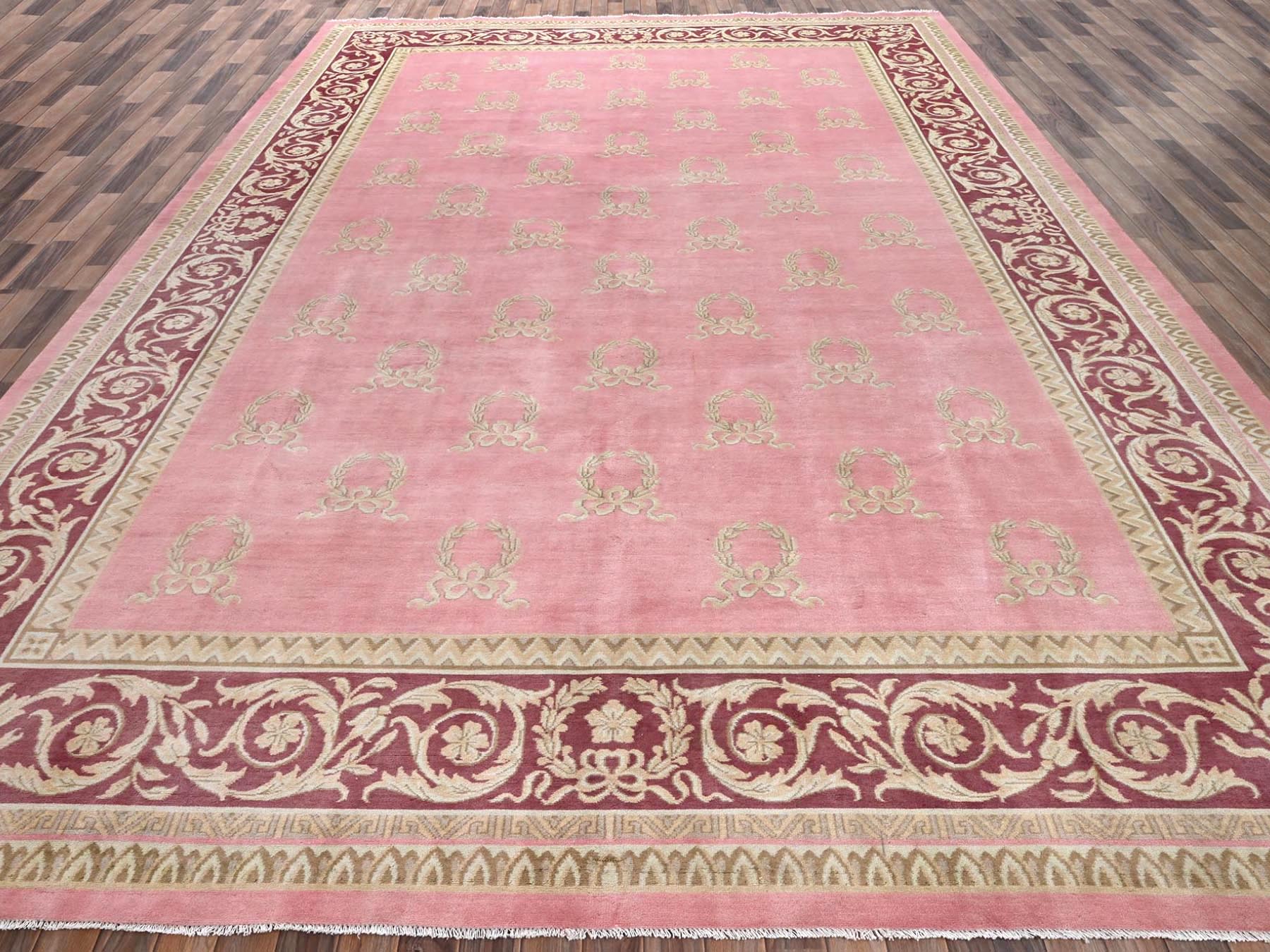 11'7"x16'7" Rose Pink, Vintage European Influence with Wreath Design, Hand Knotted, 100% Wool, XL, Oversized, Fine Oriental Rug HR2748 - Image 2