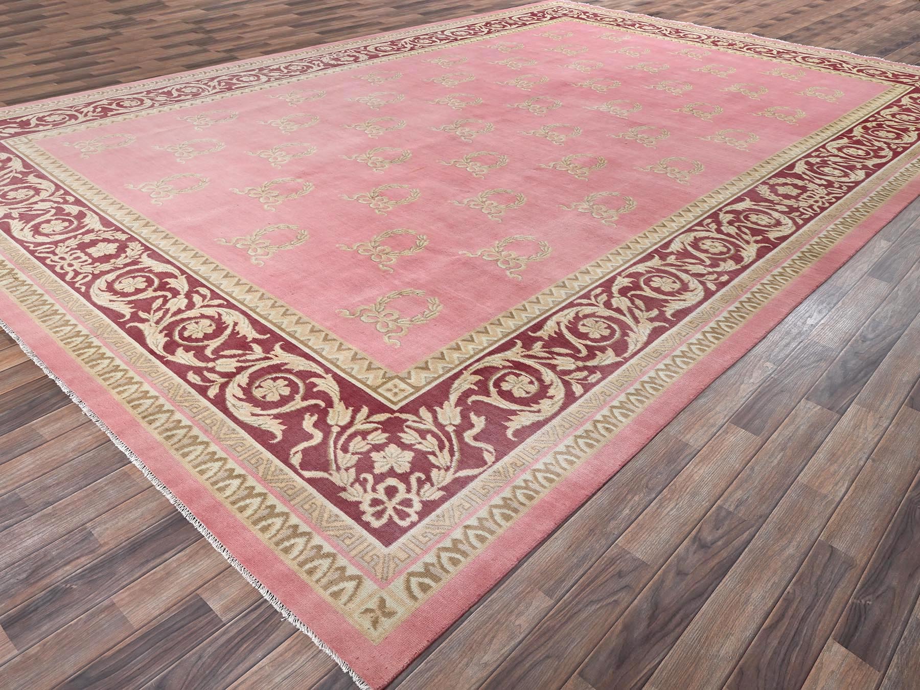11'7"x16'7" Rose Pink, Vintage European Influence with Wreath Design, Hand Knotted, 100% Wool, XL, Oversized, Fine Oriental Rug HR2748 - Image 3