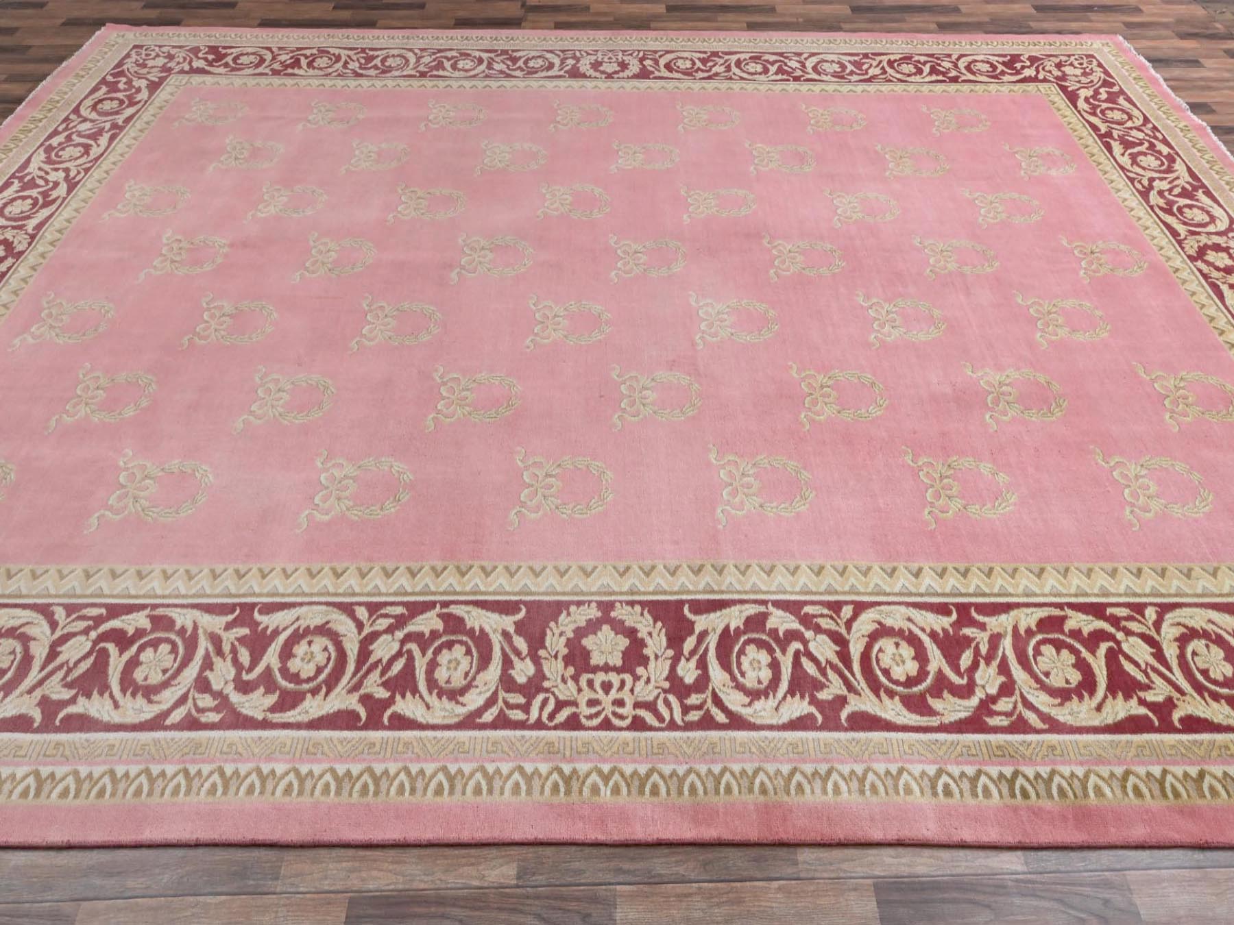 11'7"x16'7" Rose Pink, Vintage European Influence with Wreath Design, Hand Knotted, 100% Wool, XL, Oversized, Fine Oriental Rug HR2748 - Image 4