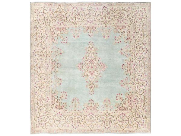 7'10"x8'4" Light Green, Hand Knotted, 100% Wool, Vintage Persian Kerman with Open Field Medallion Design, Sheared Low, Distressed, Sides and Ends Professionally Secured, Square, Oriental Rug HR2750