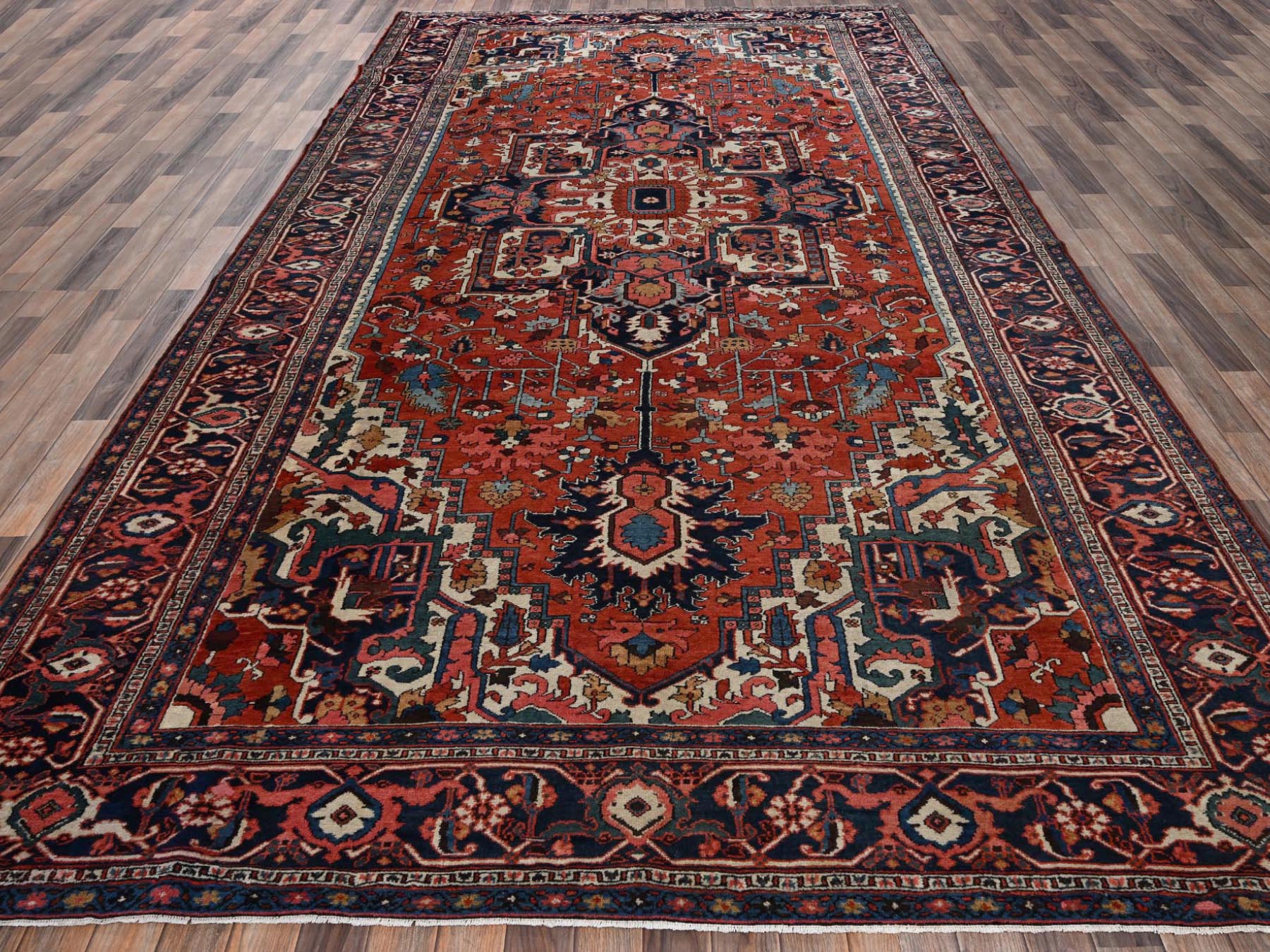 8'2"x14'7" Rust Red, Antique Persian Heriz with Flower Medallion, Very Good Condition, Soft and Clean, Long and Narrow, Hand Knotted, 100% Wool, Oriental Rug HR2751 - Image 2