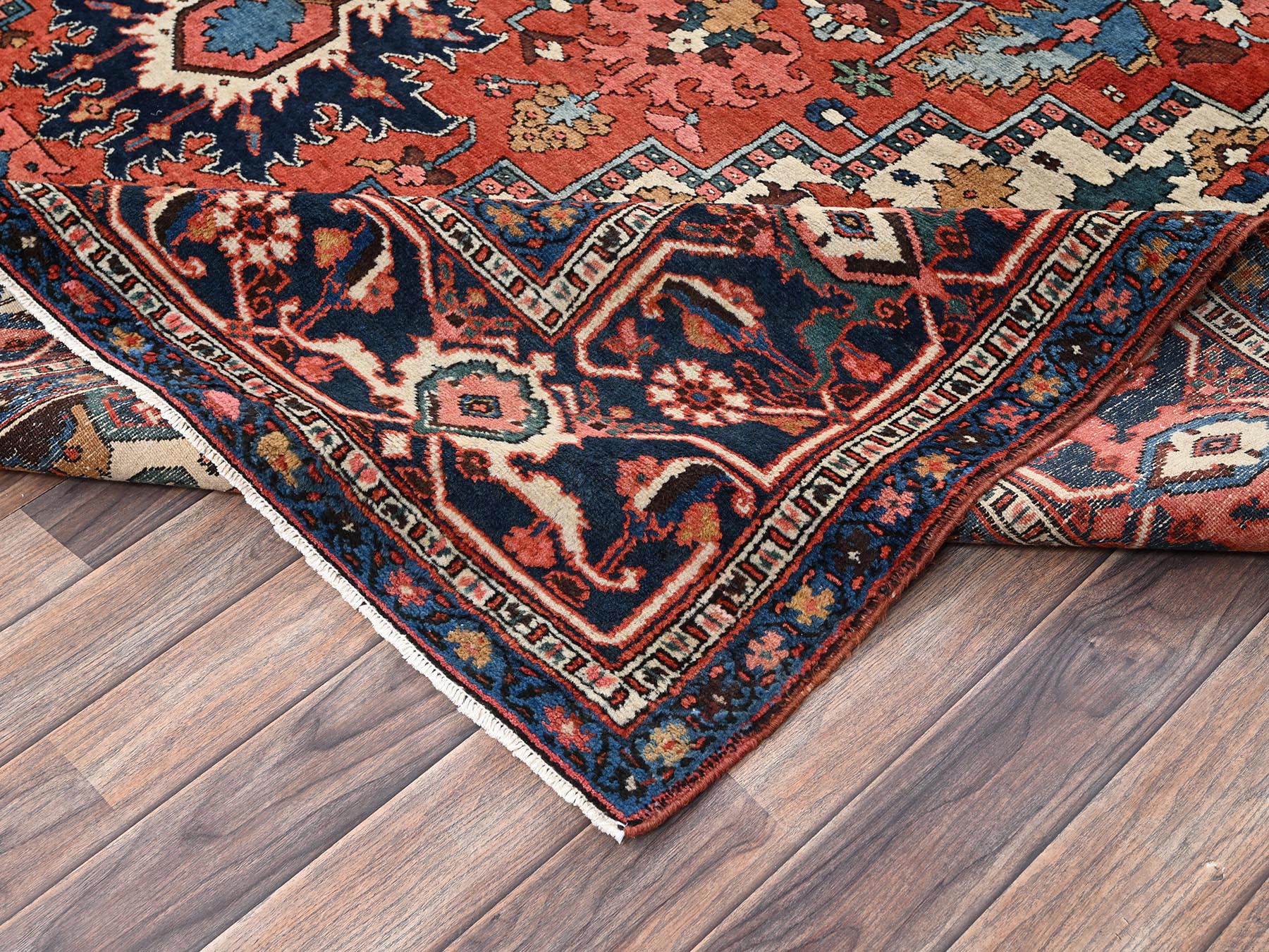 8'2"x14'7" Rust Red, Antique Persian Heriz with Flower Medallion, Very Good Condition, Soft and Clean, Long and Narrow, Hand Knotted, 100% Wool, Oriental Rug HR2751 - Image 7