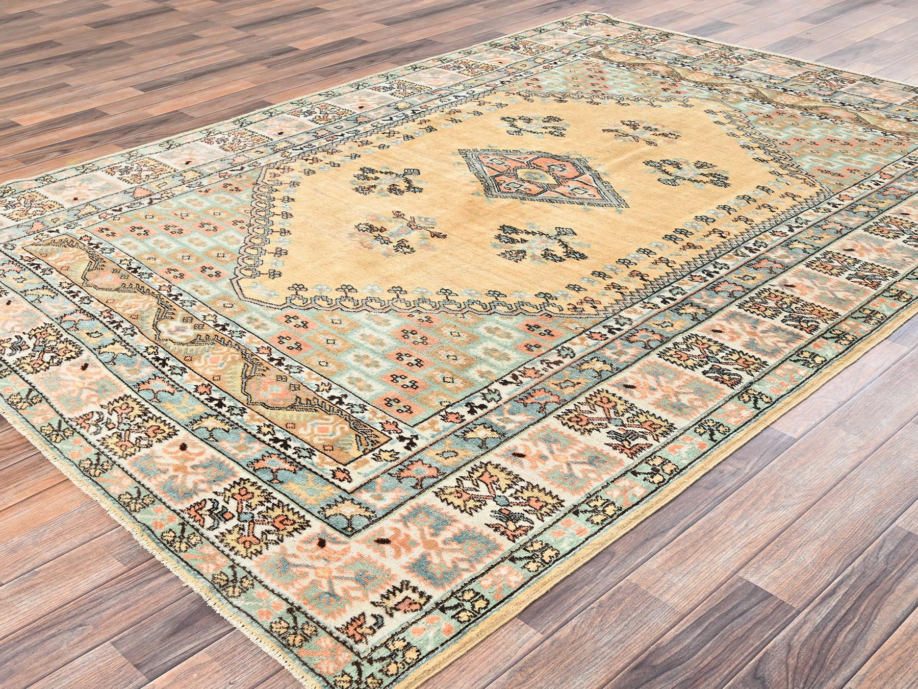 6'1"x8'8" Beige, Vintage Persian Turkish Berghama with Geometric Medallion, Soft, Full Pile, Hand Knotted, Distressed, 100% Organic Wool, Oriental Rug HR2757 - Image 3