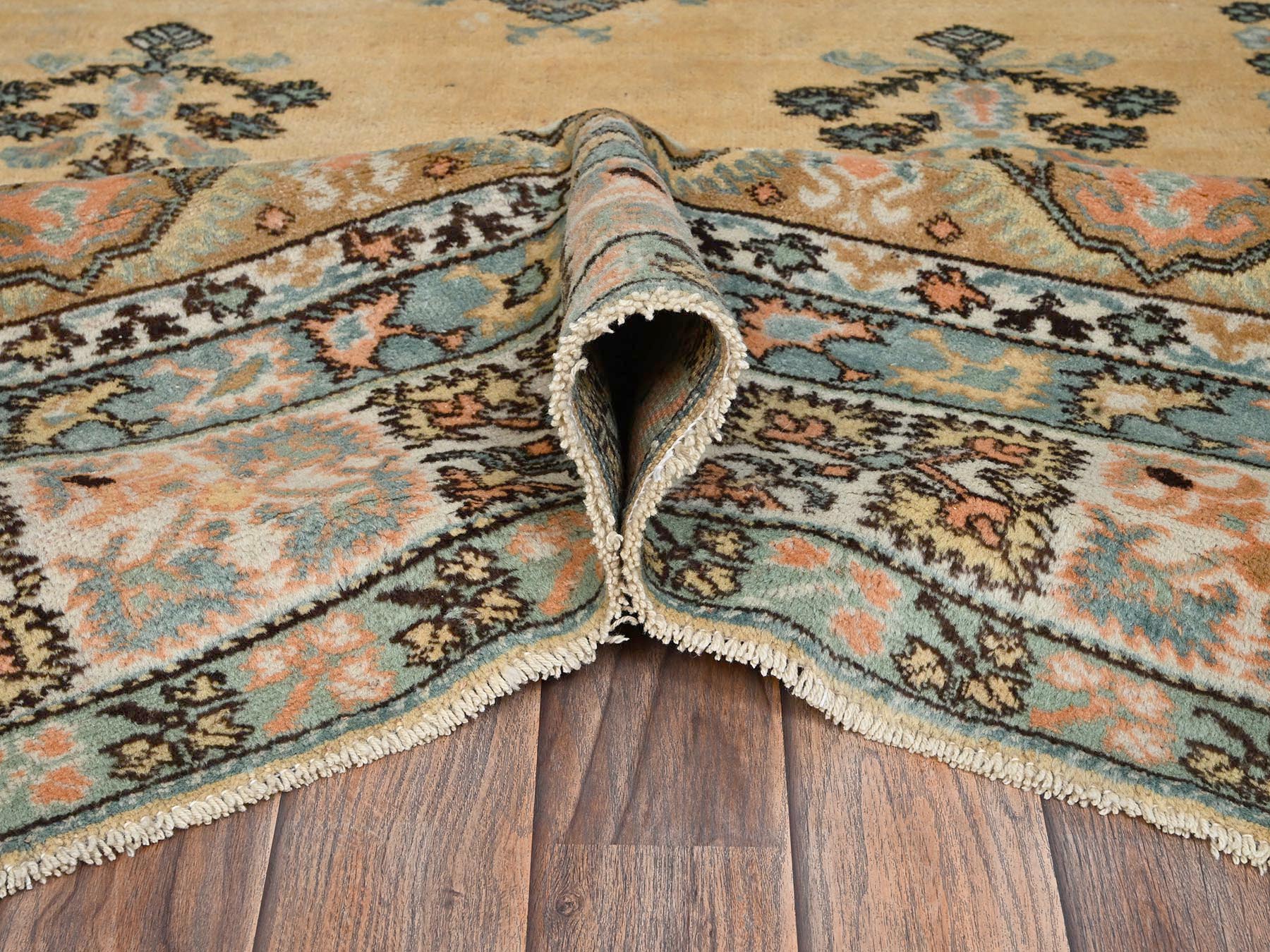 6'1"x8'8" Beige, Vintage Persian Turkish Berghama with Geometric Medallion, Soft, Full Pile, Hand Knotted, Distressed, 100% Organic Wool, Oriental Rug HR2757 - Image 6