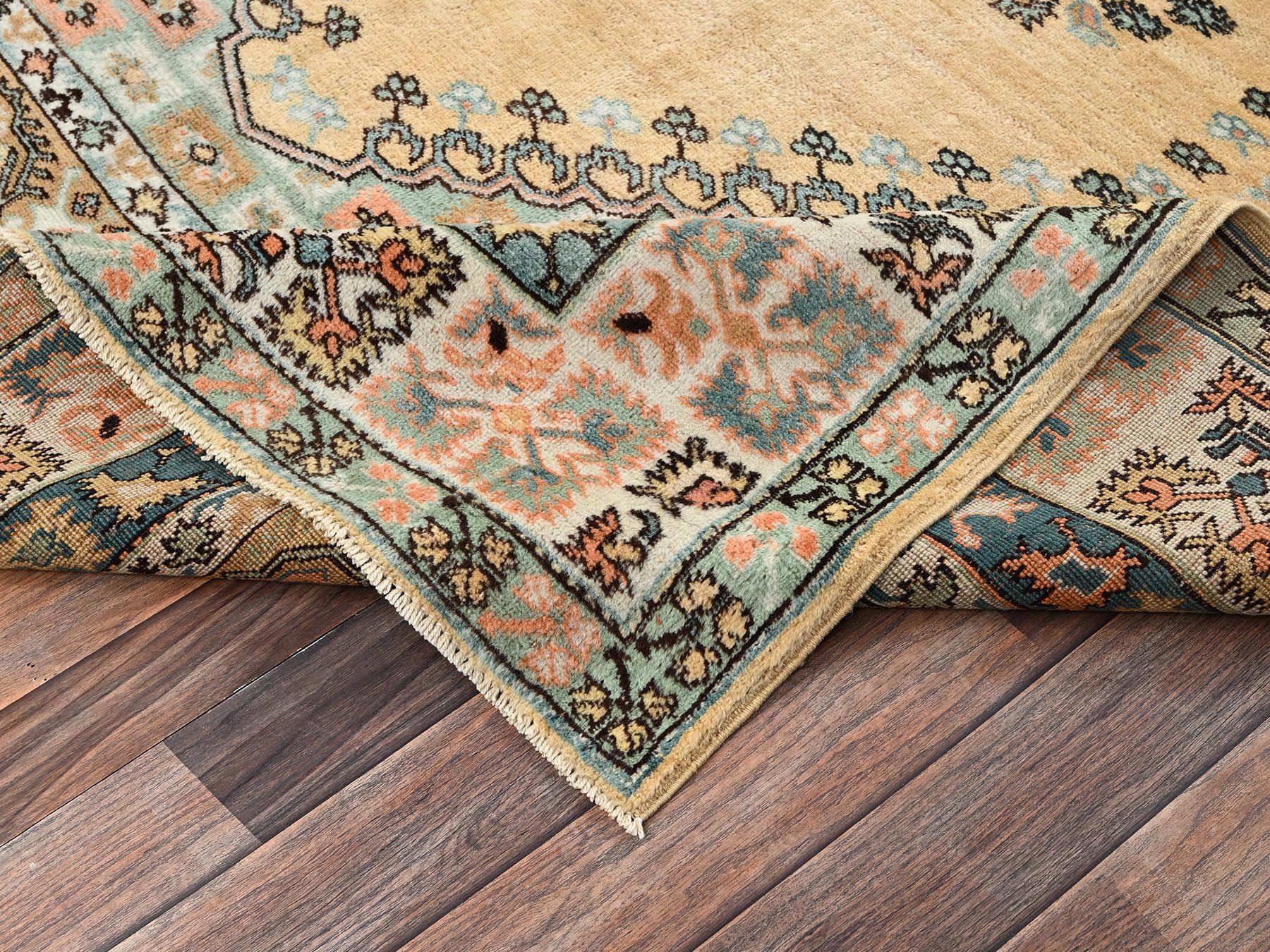 6'1"x8'8" Beige, Vintage Persian Turkish Berghama with Geometric Medallion, Soft, Full Pile, Hand Knotted, Distressed, 100% Organic Wool, Oriental Rug HR2757 - Image 7