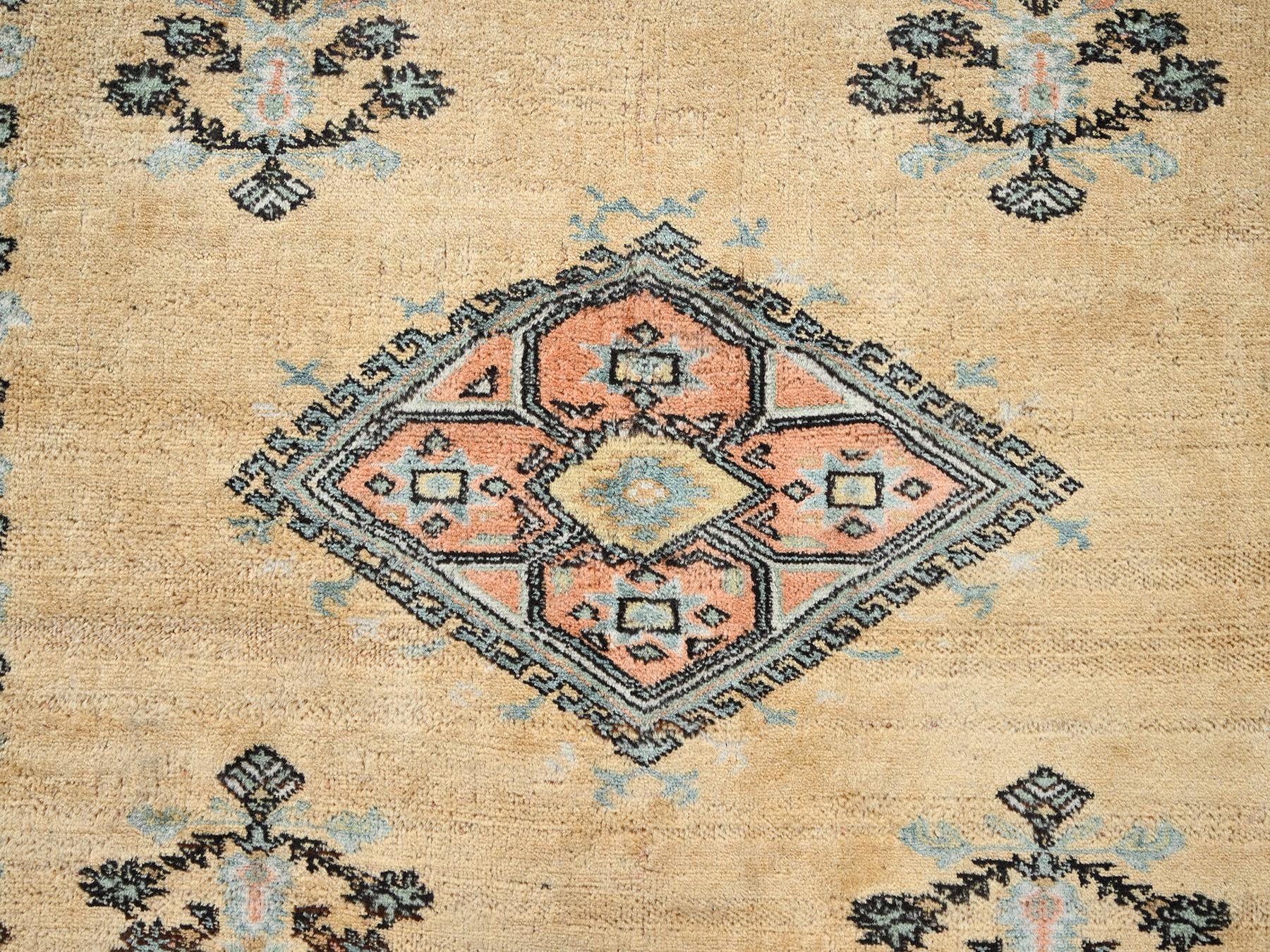 6'1"x8'8" Beige, Vintage Persian Turkish Berghama with Geometric Medallion, Soft, Full Pile, Hand Knotted, Distressed, 100% Organic Wool, Oriental Rug HR2757 - Image 9