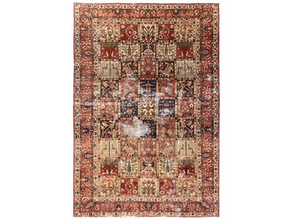 6'10"x9'10" Rust Red, Vintage Persian Bakhtiar with Garden Design, Worn Down and Distressed, 100% Wool, Hand Knotted, Zero Pile, Sides and Ends Professionally Secured, Oriental Rug HR2758