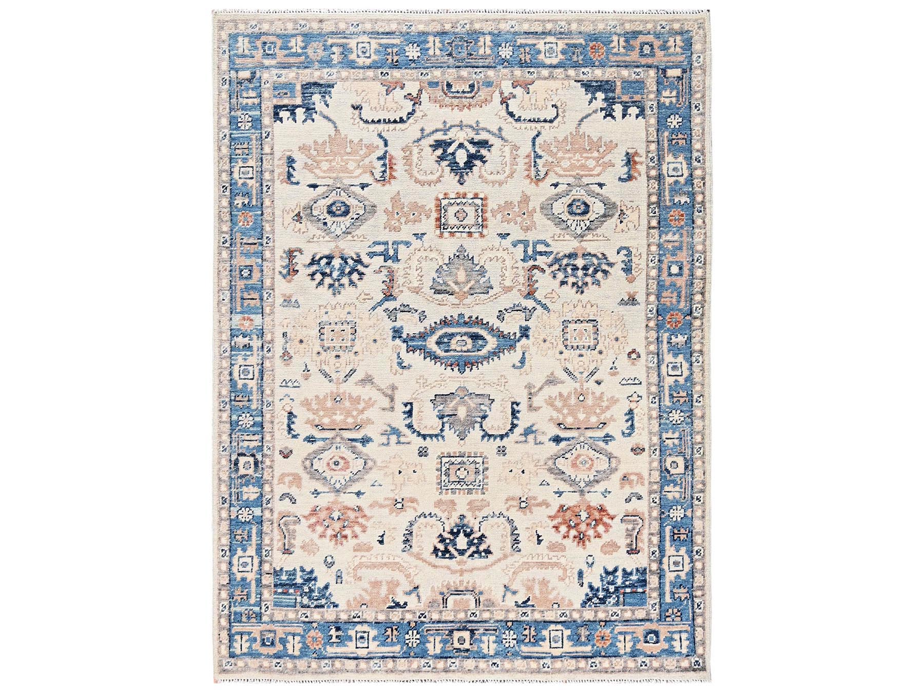 4'10"x7'1" Chiffon White, Sheared Low, Heriz with All Over Design, Turkish Knot, Hand Knotted, 100% Wool, Oriental Rug HR2801