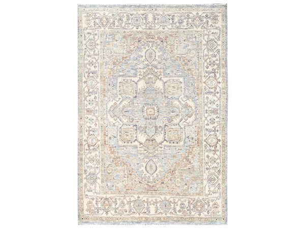 4'9"x7' Cloud Gray, Heriz with Medallion Design, Turkish Knot, Hand Knotted, Sheared Low, 100% Wool, Oriental Rug HR2802