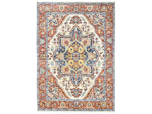 4'10"x6'9" Pearl White, Turkish Knot, Heriz with Medallion Design, Hand Knotted, Sheared Low, 100% Wool, Oriental Rug HR2803
