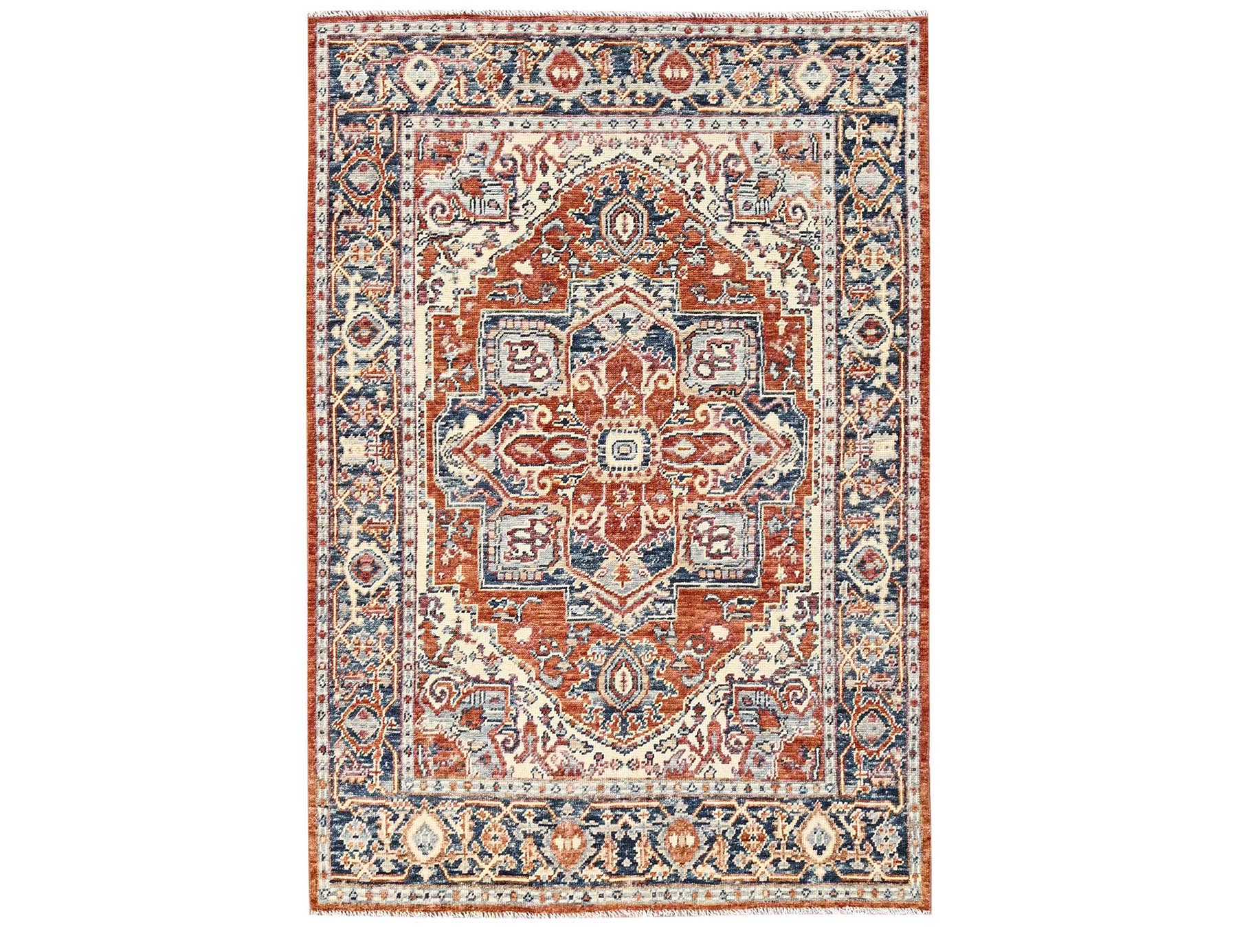 4'9"x6'9" Rust Red, 100% Wool, Heriz with Medallion Design, Turkish Knot, Hand Knotted, Sheared Low, Oriental Rug HR2804